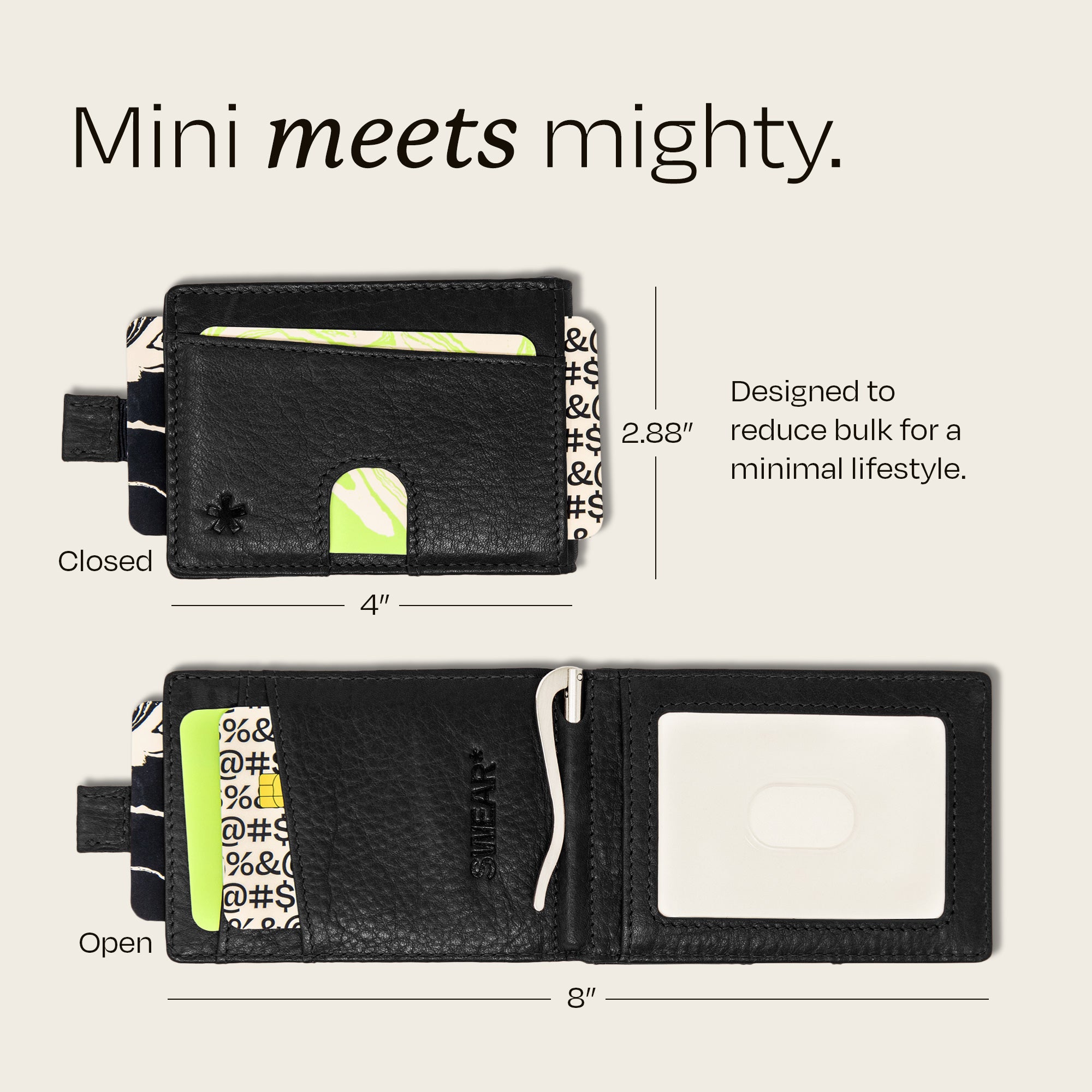 Image showing the dimensions of the Swear Brands Origin wallet. Wallet measures 4" x 2.88" closed and 8" when open.