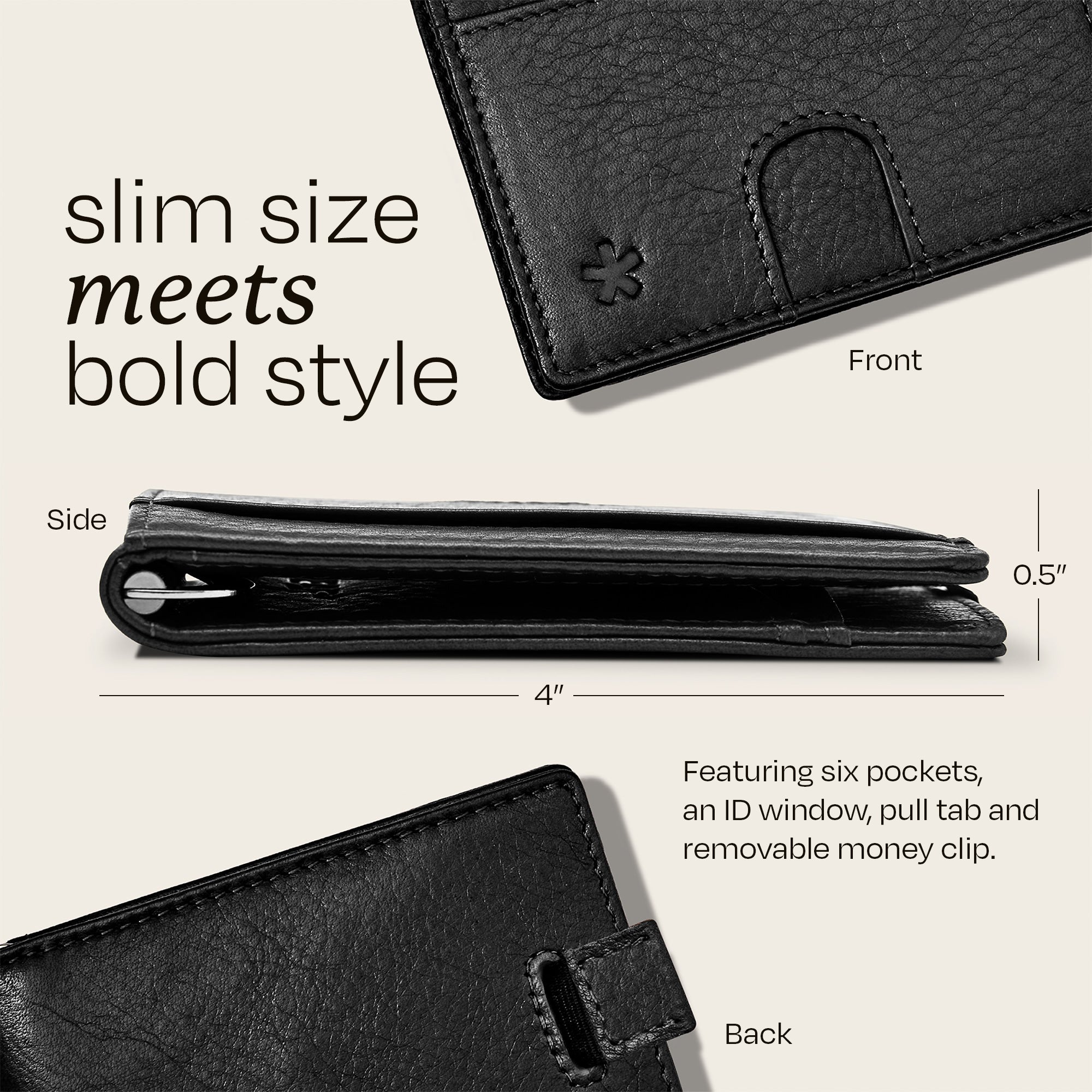 Image showing the side profile dimensions of the Swear Brands Origin wallet 4" x 0.5".