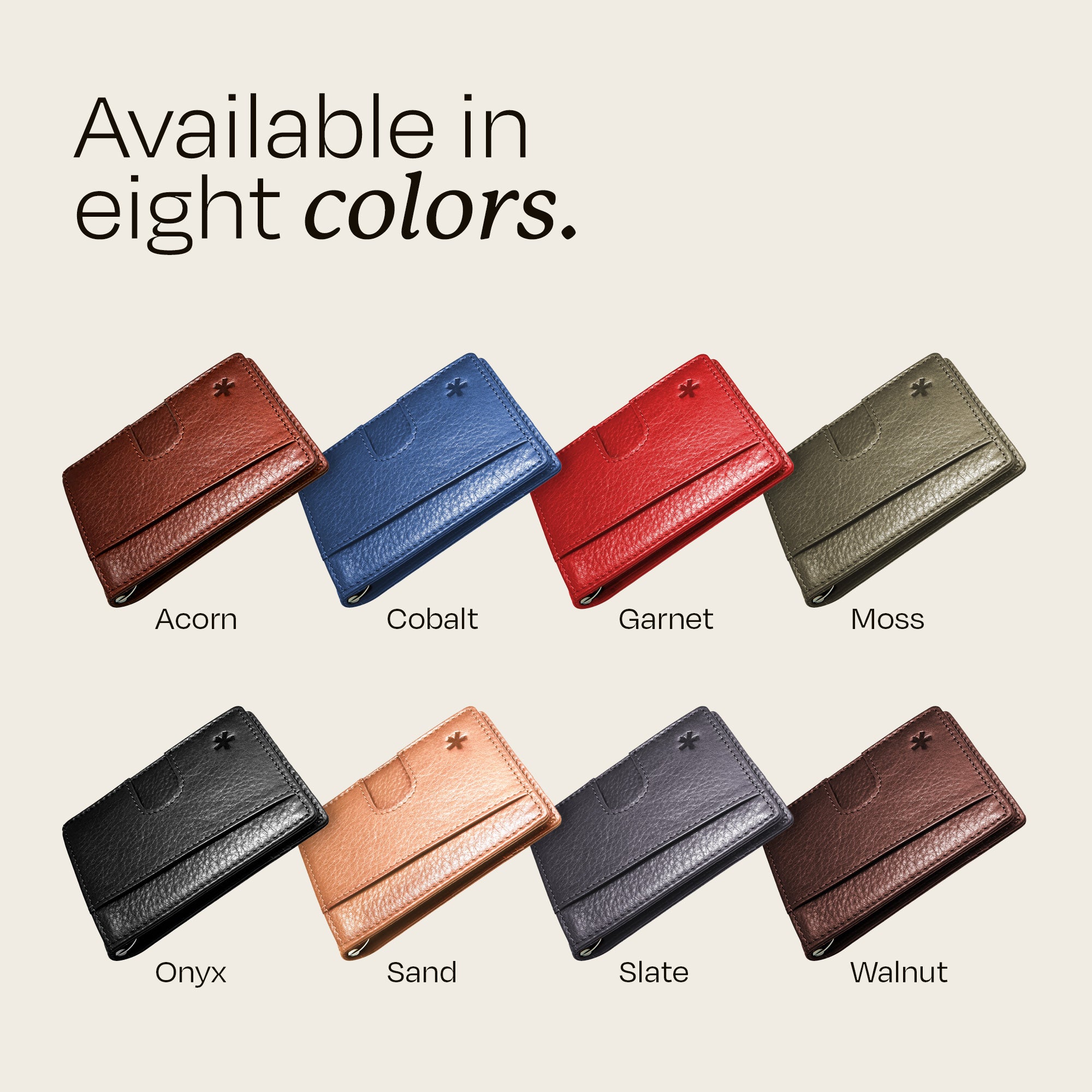 Set of eight Swear Brands Origin wallets displayed in all the available colorways: Acorn, Cobalt, Garnet, Moss, Onyx, Sand, Slate, Walnut.