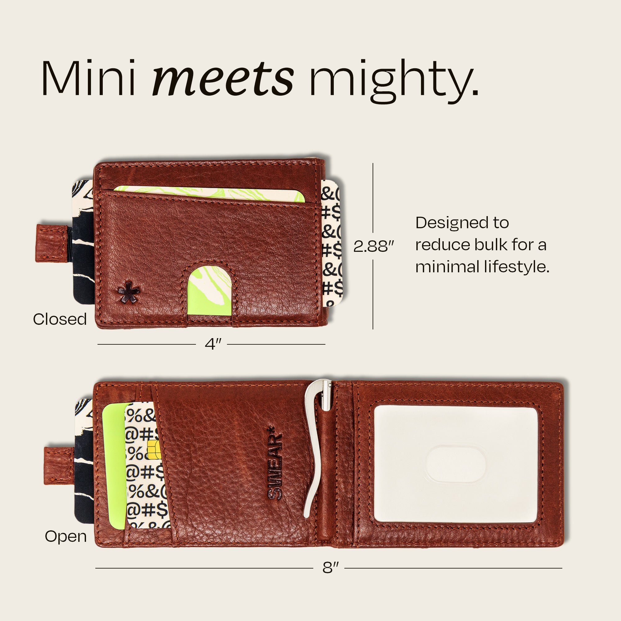 Image showing the dimensions of the Swear Brands Origin wallet. Wallet measures 4" x 2.88" closed and 8" when open.