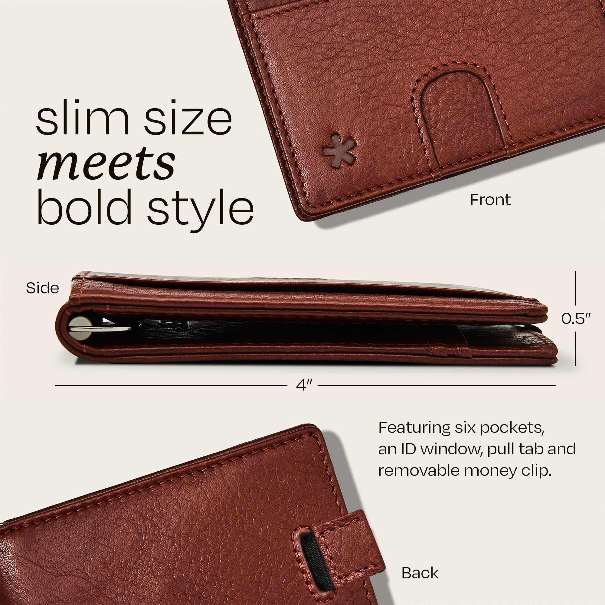 Image showing the side profile dimensions of the Swear Brands Origin wallet 4" x 0.5".