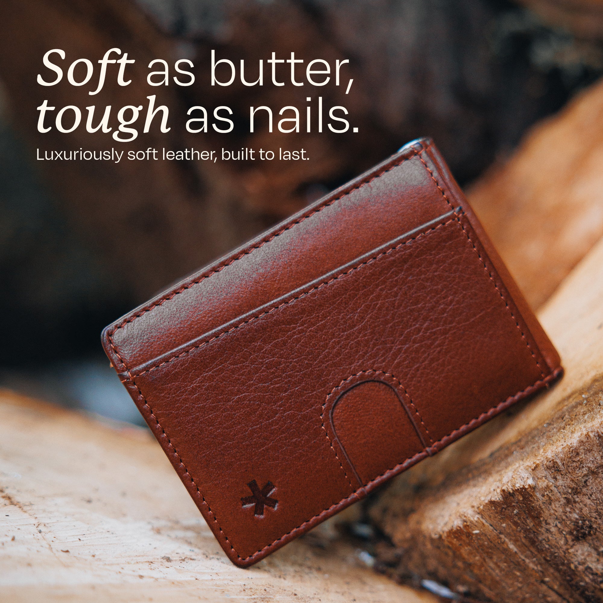 Image displaying the quality of the leather of the Swear Brands Origin wallet. Text reads: "Soft as butter, tough as nails."