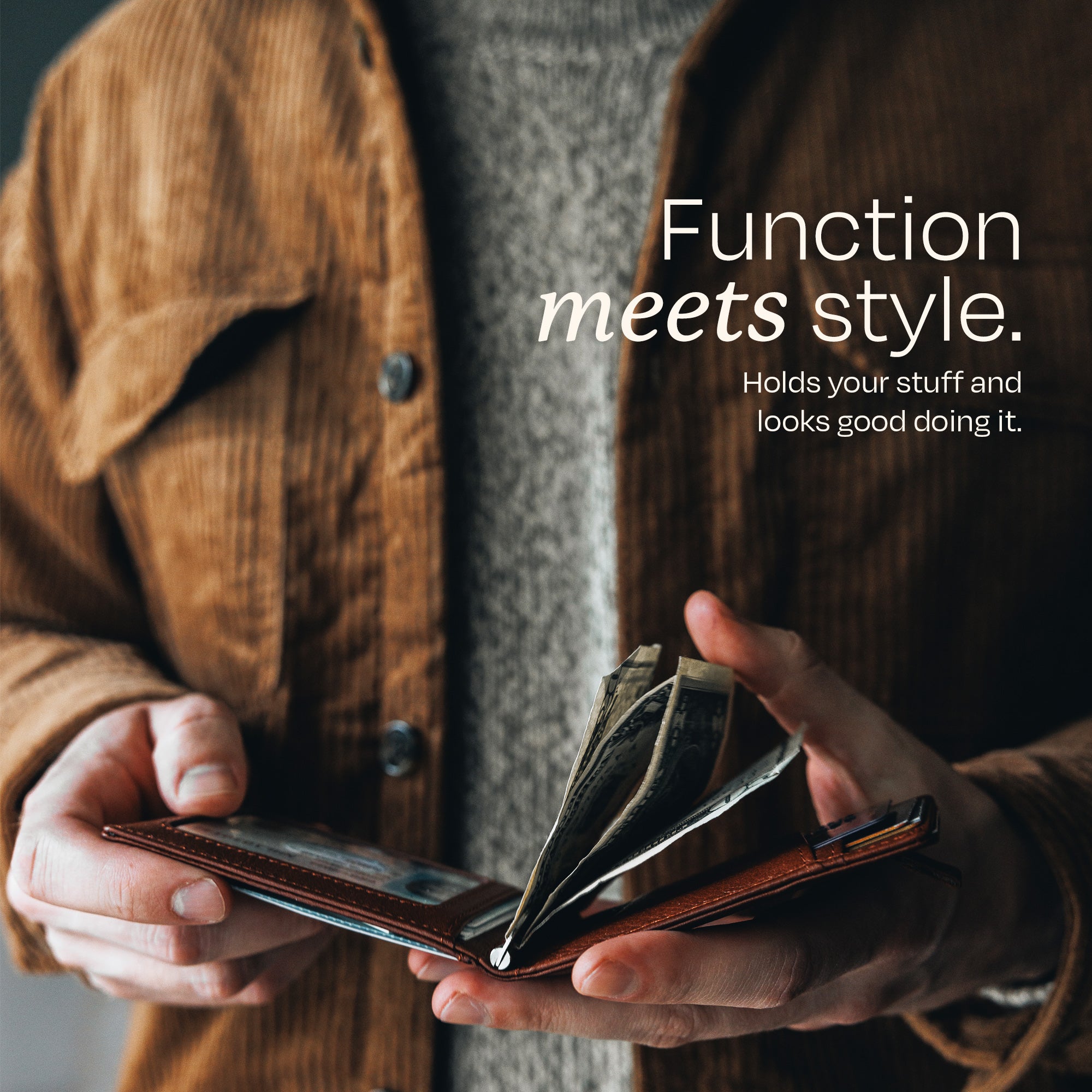 Man holding the Swear Brands Origin Wallet. Text reads: "Function meets style. Hods your stuff and looks good doing it."
