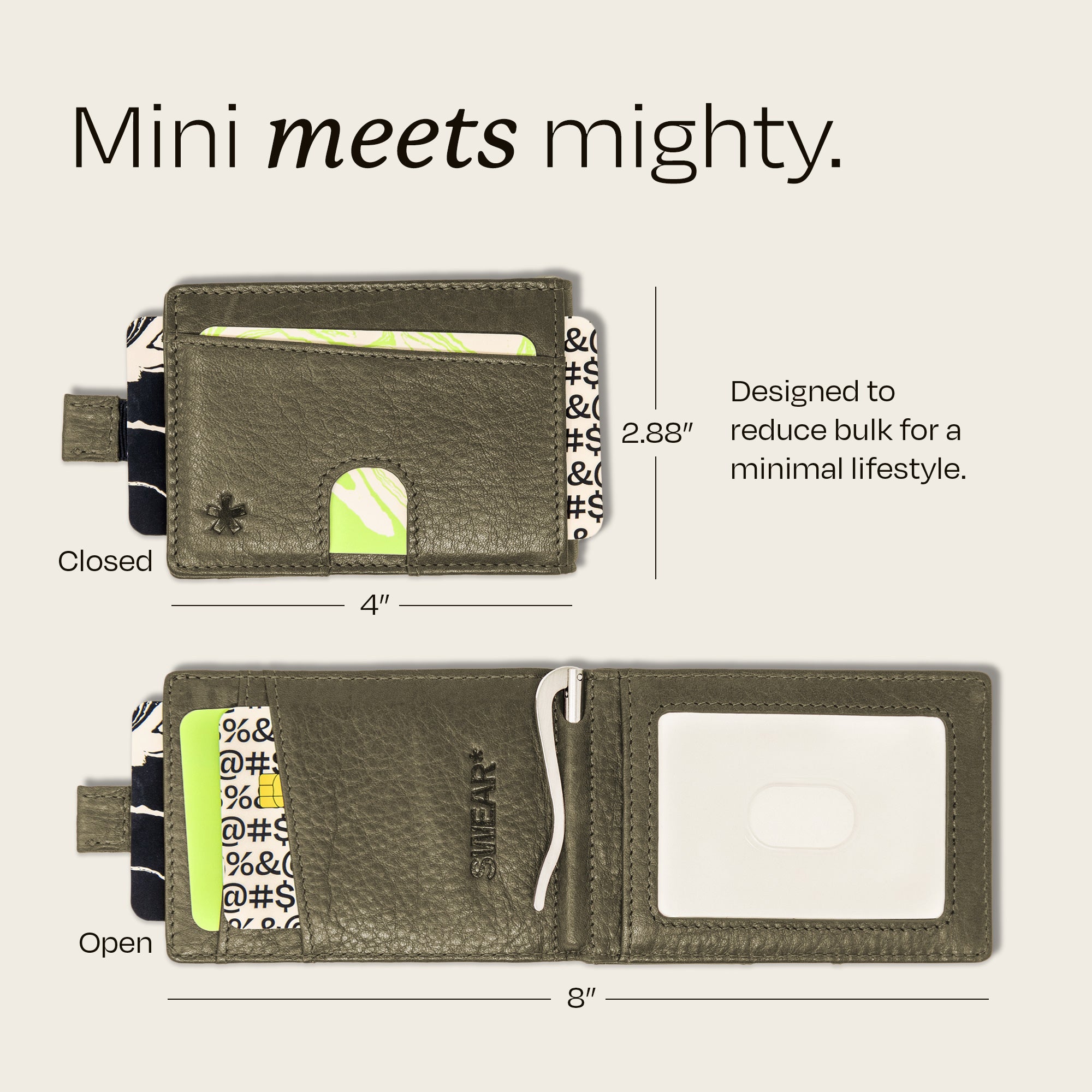 Image showing the dimensions of the Swear Brands Origin wallet. Wallet measures 4" x 2.88" closed and 8" when open.