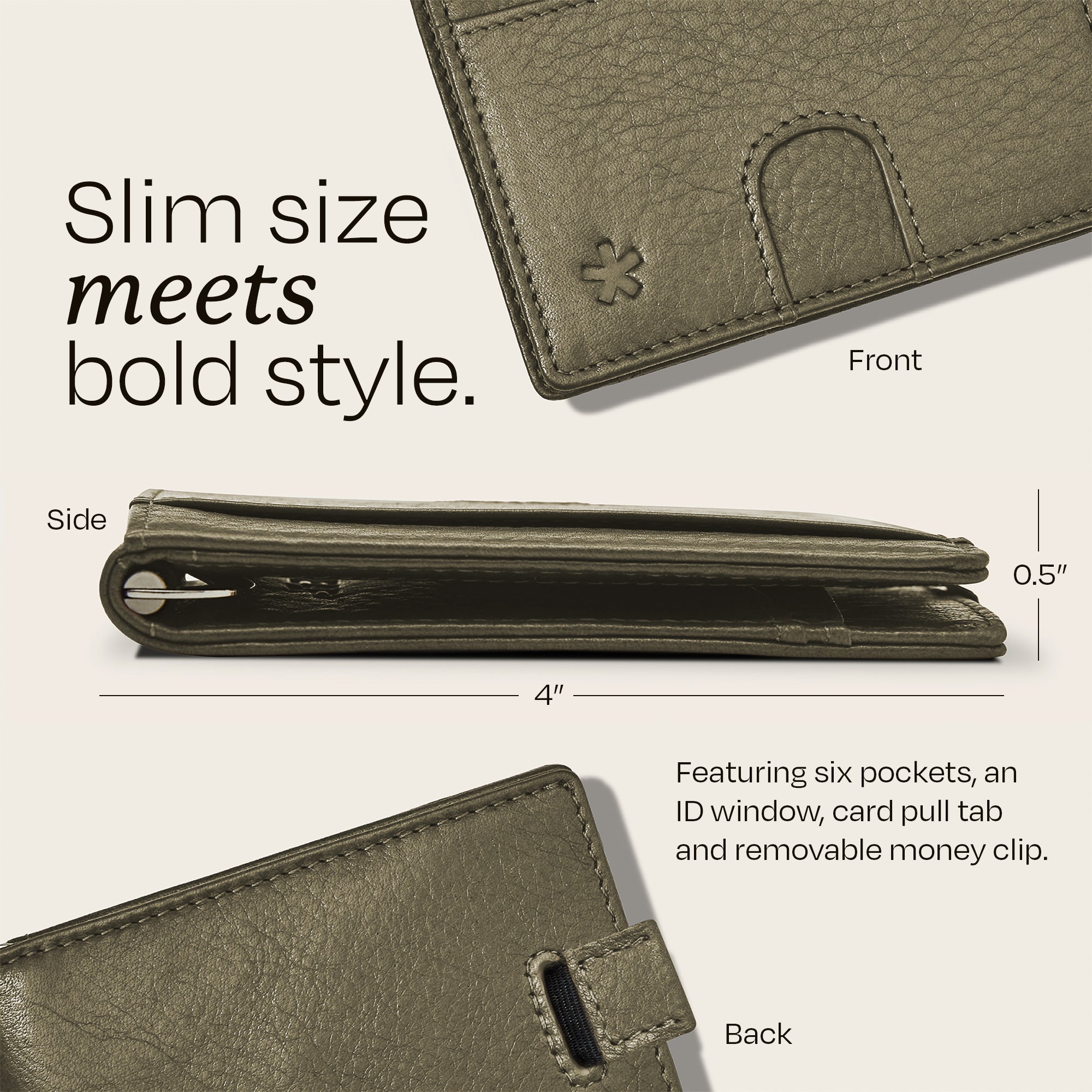 Image showing the side profile dimensions of the Swear Brands Origin wallet 4" x 0.5".