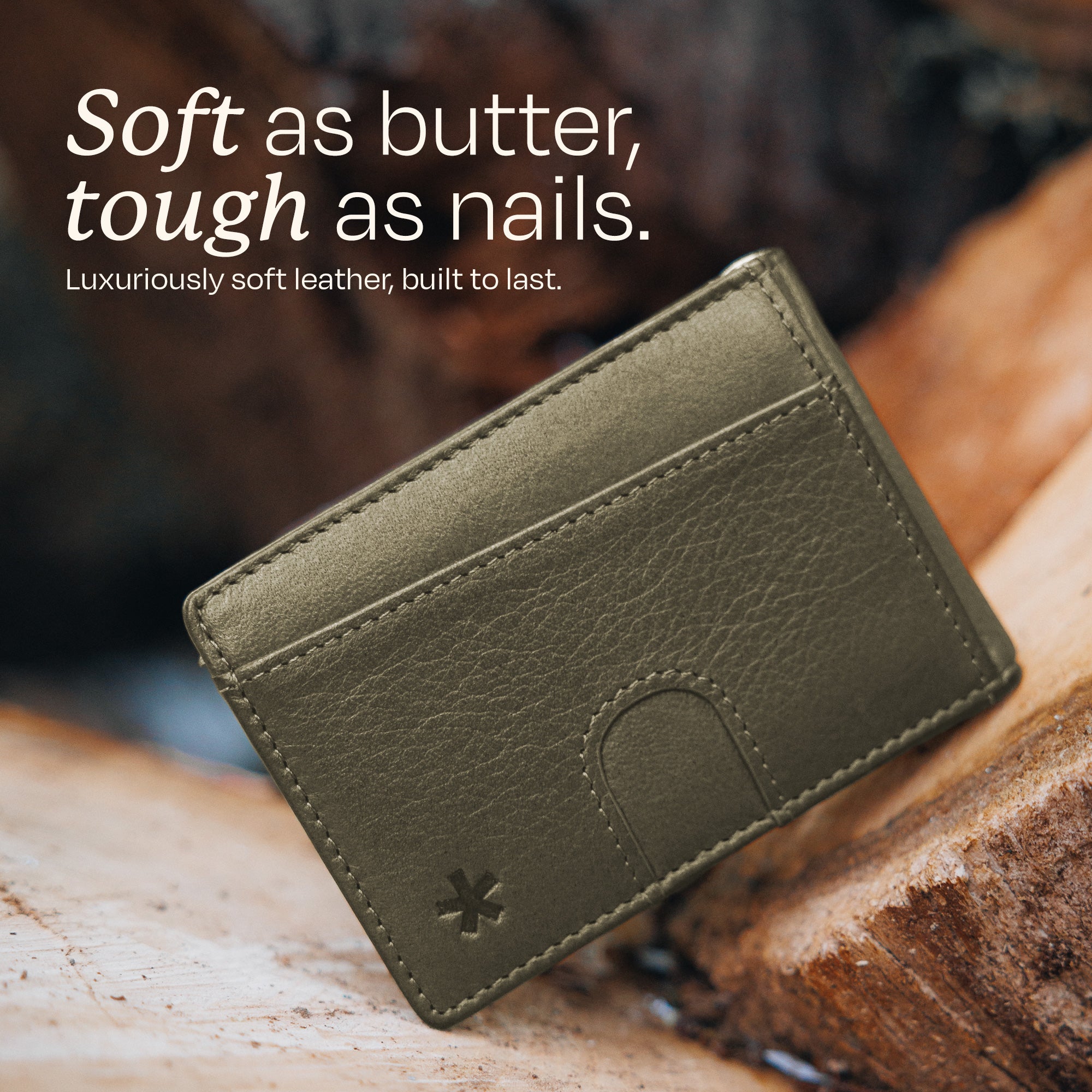 Image displaying the quality of the leather of the Swear Brands Origin wallet. Text reads: "Soft as butter, tough as nails."