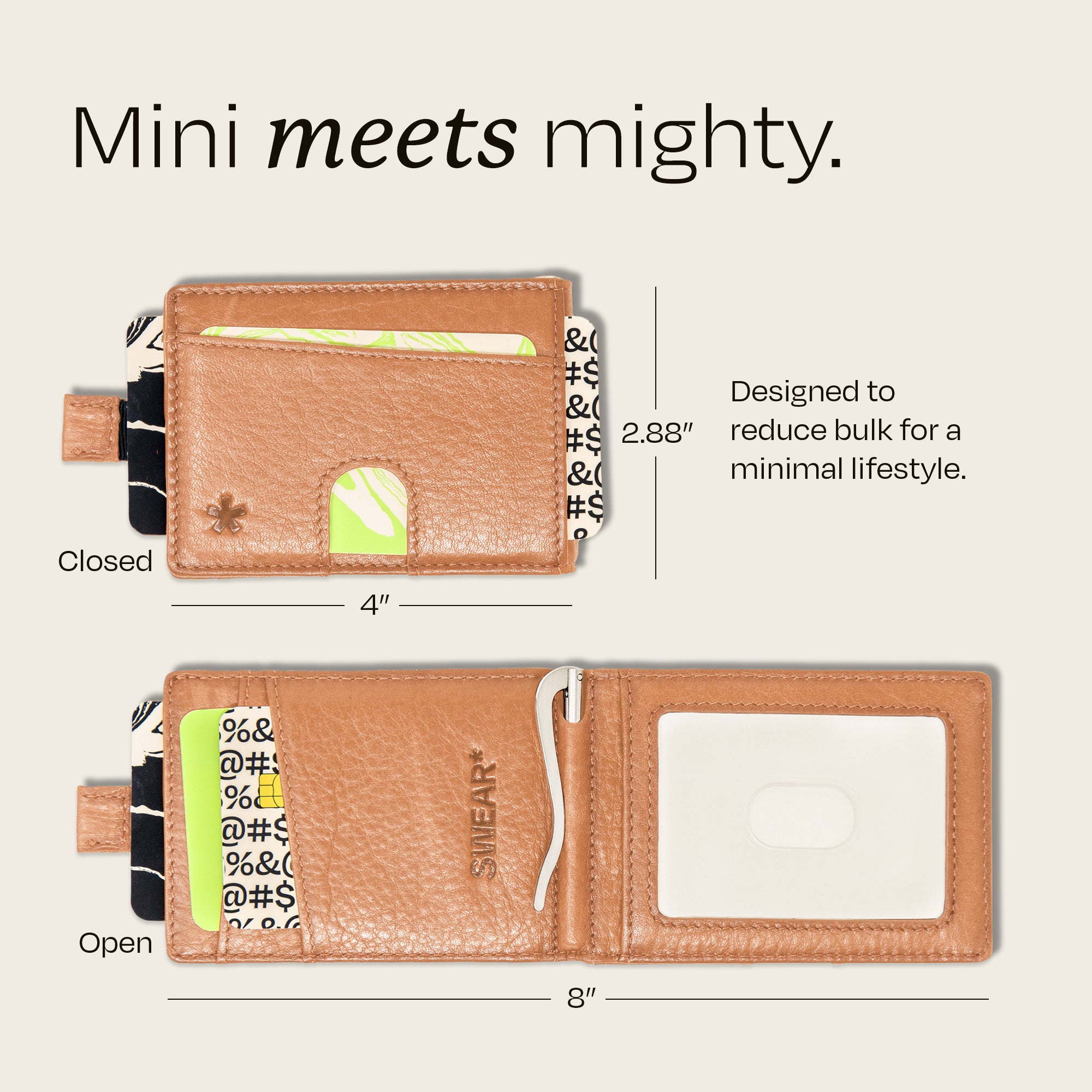 Image showing the dimensions of the Swear Brands Origin wallet. Wallet measures 4" x 2.88" closed and 8" when open.