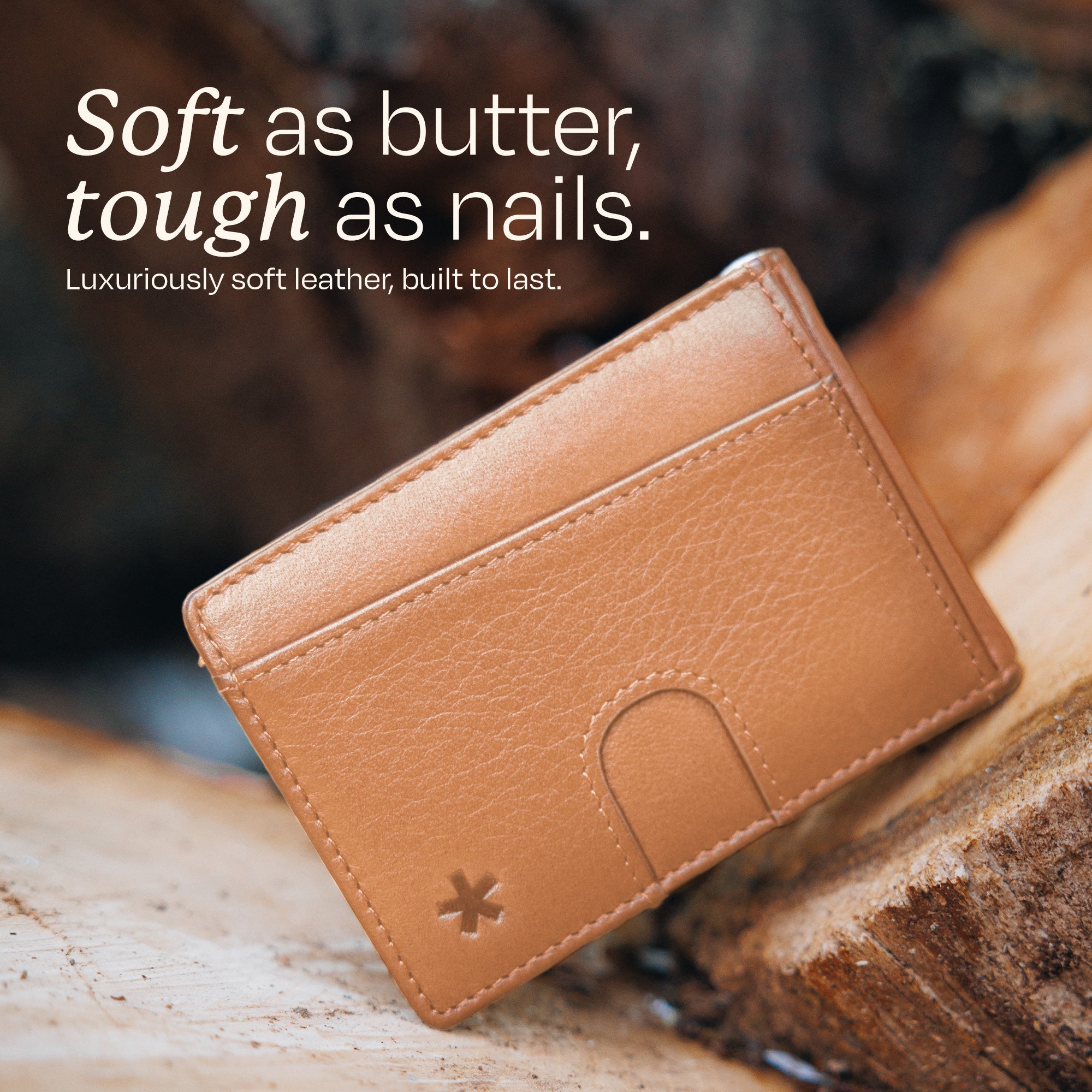 Image displaying the quality of the leather of the Swear Brands Origin wallet. Text reads: "Soft as butter, tough as nails."
