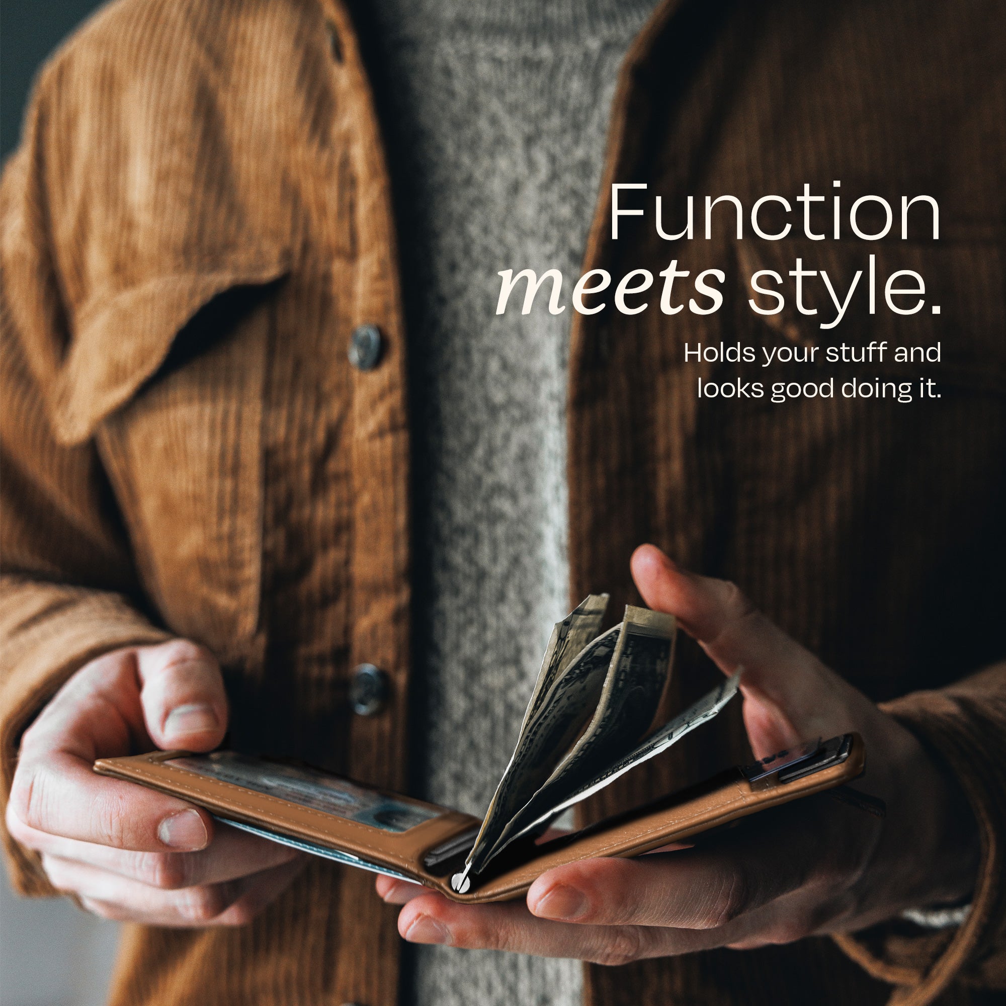 Man holding the Swear Brands Origin Wallet. Text reads: "Function meets style. Hods your stuff and looks good doing it."