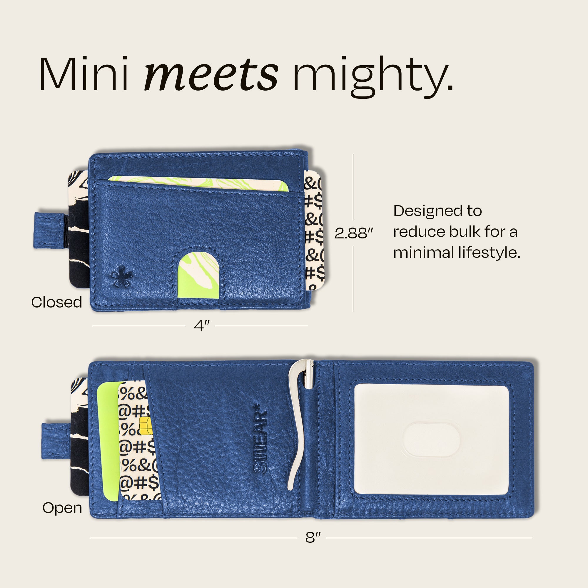 Image showing the dimensions of the Swear Brands Origin wallet. Wallet measures 4" x 2.88" closed and 8" when open.