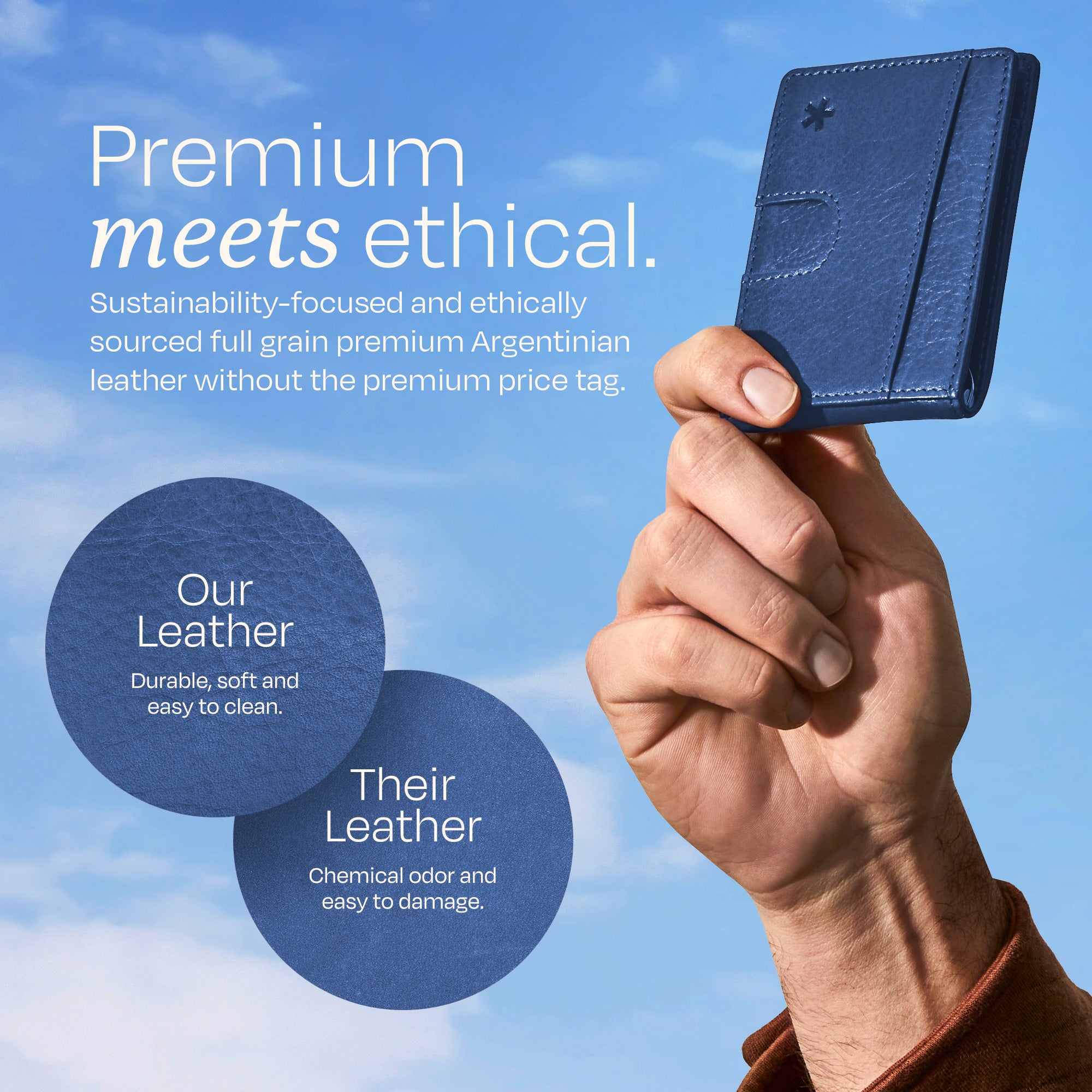 Image of text - text reads: Premium meets ethical. Sustainability-focused and ethically sourced full grain premium Argentinian leather without the premium price tag.