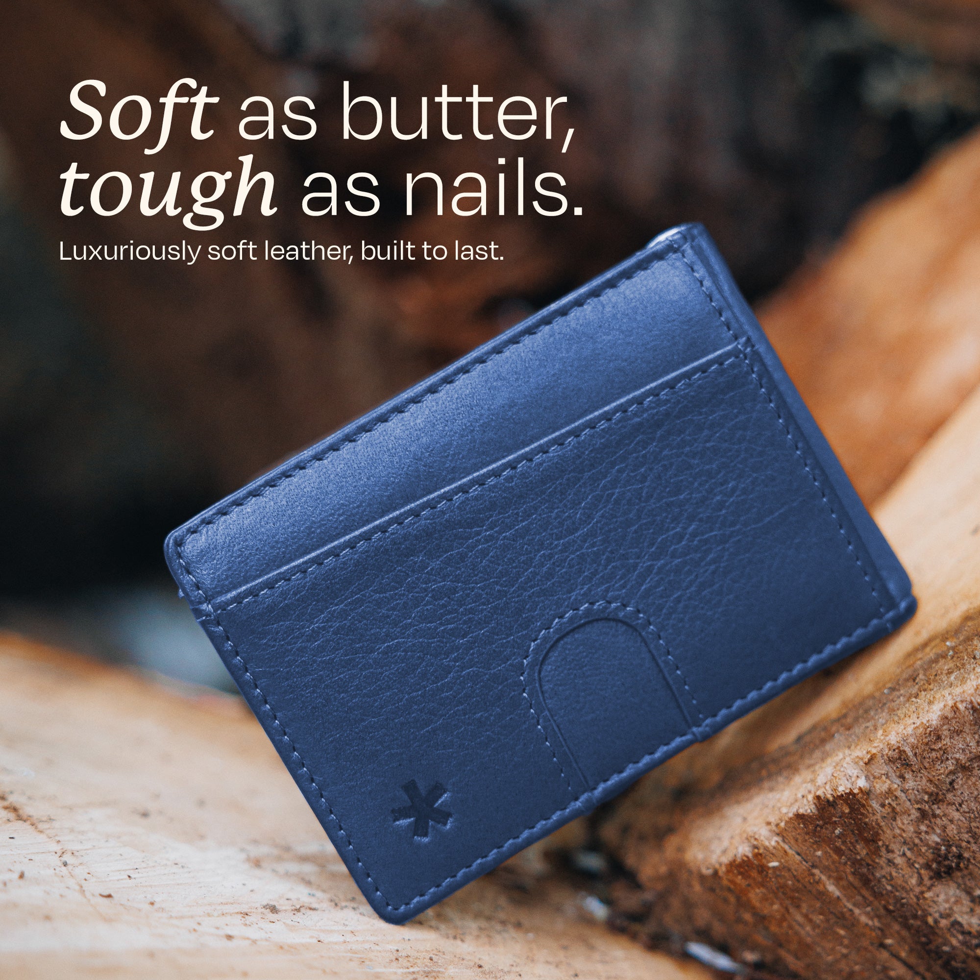 Image displaying the quality of the leather of the Swear Brands Origin wallet. Text reads: "Soft as butter, tough as nails."