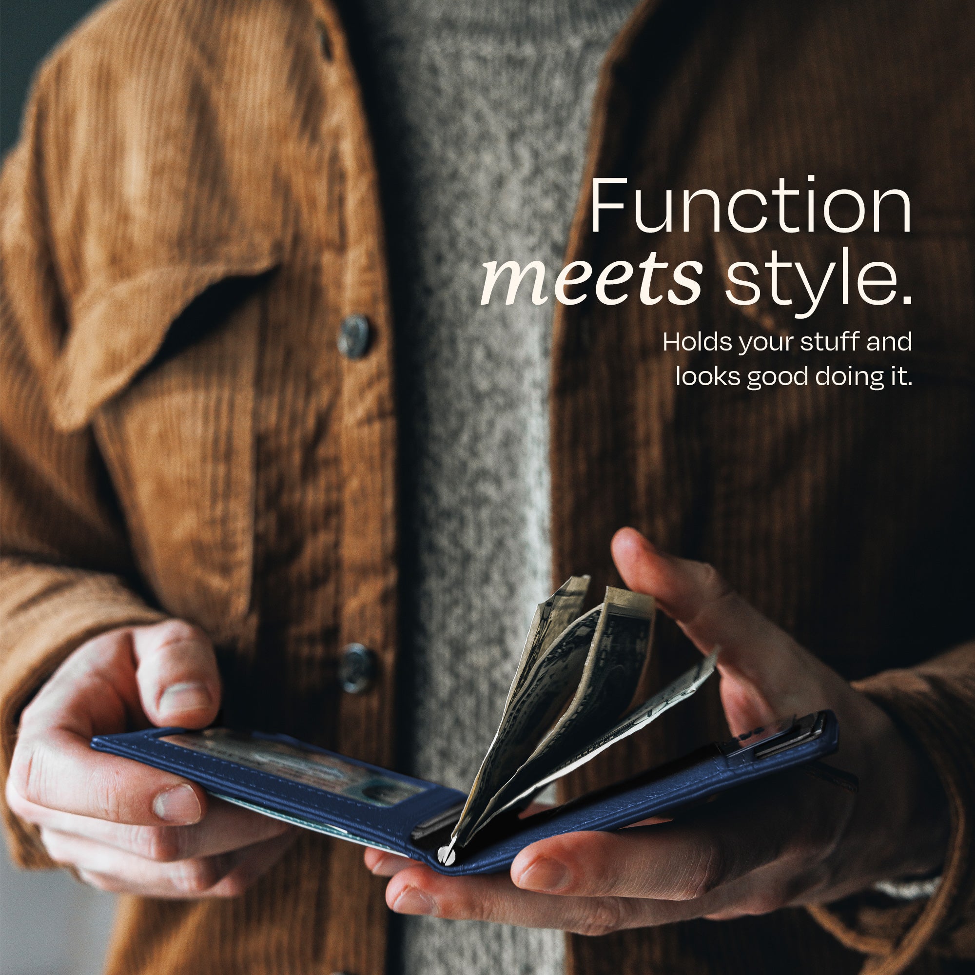 Man holding the Swear Brands Origin Wallet. Text reads: "Function meets style. Hods your stuff and looks good doing it."