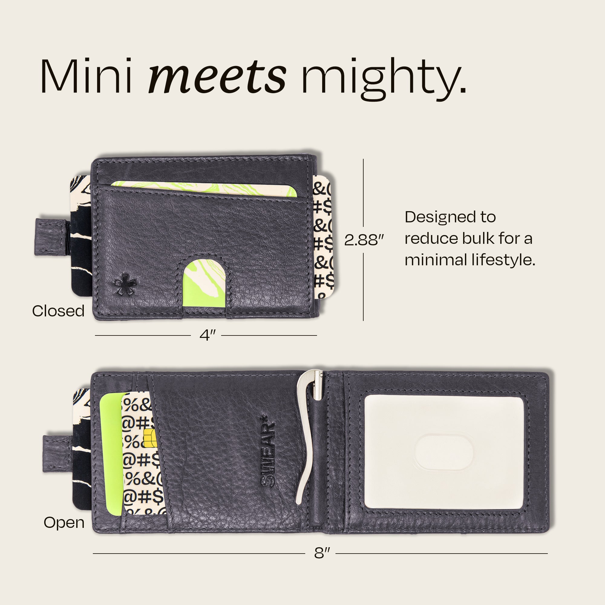 Image showing the dimensions of the Swear Brands Origin wallet. Wallet measures 4" x 2.88" closed and 8" when open.
