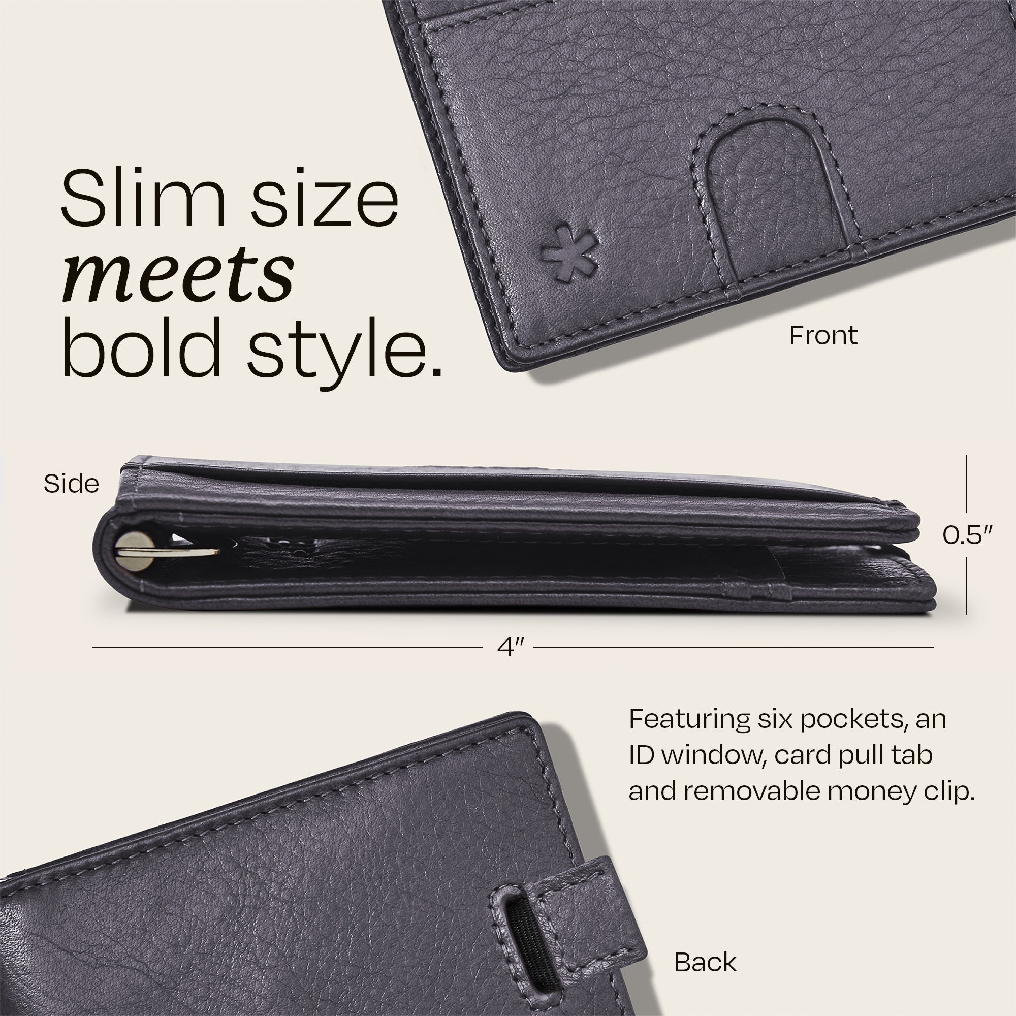 Image showing the side profile dimensions of the Swear Brands Origin wallet 4" x 0.5".