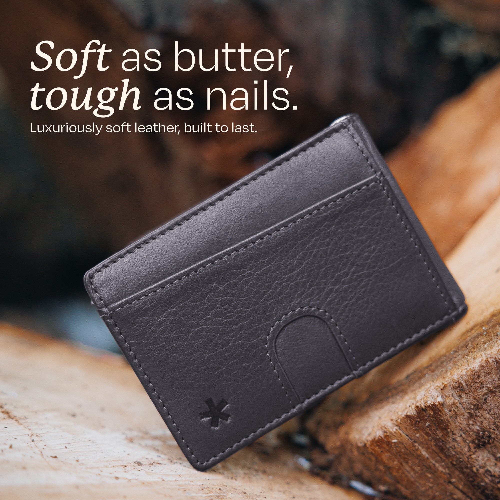 Image displaying the quality of the leather of the Swear Brands Origin wallet. Text reads: "Soft as butter, tough as nails."