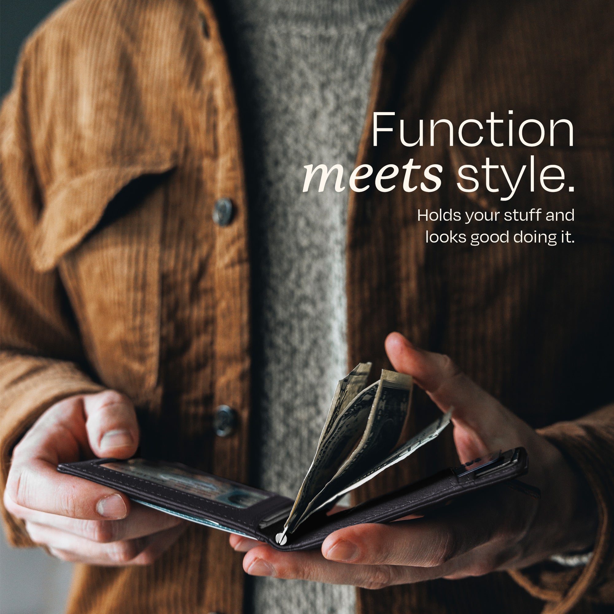 Man holding the Swear Brands Origin Wallet. Text reads: "Function meets style. Hods your stuff and looks good doing it."