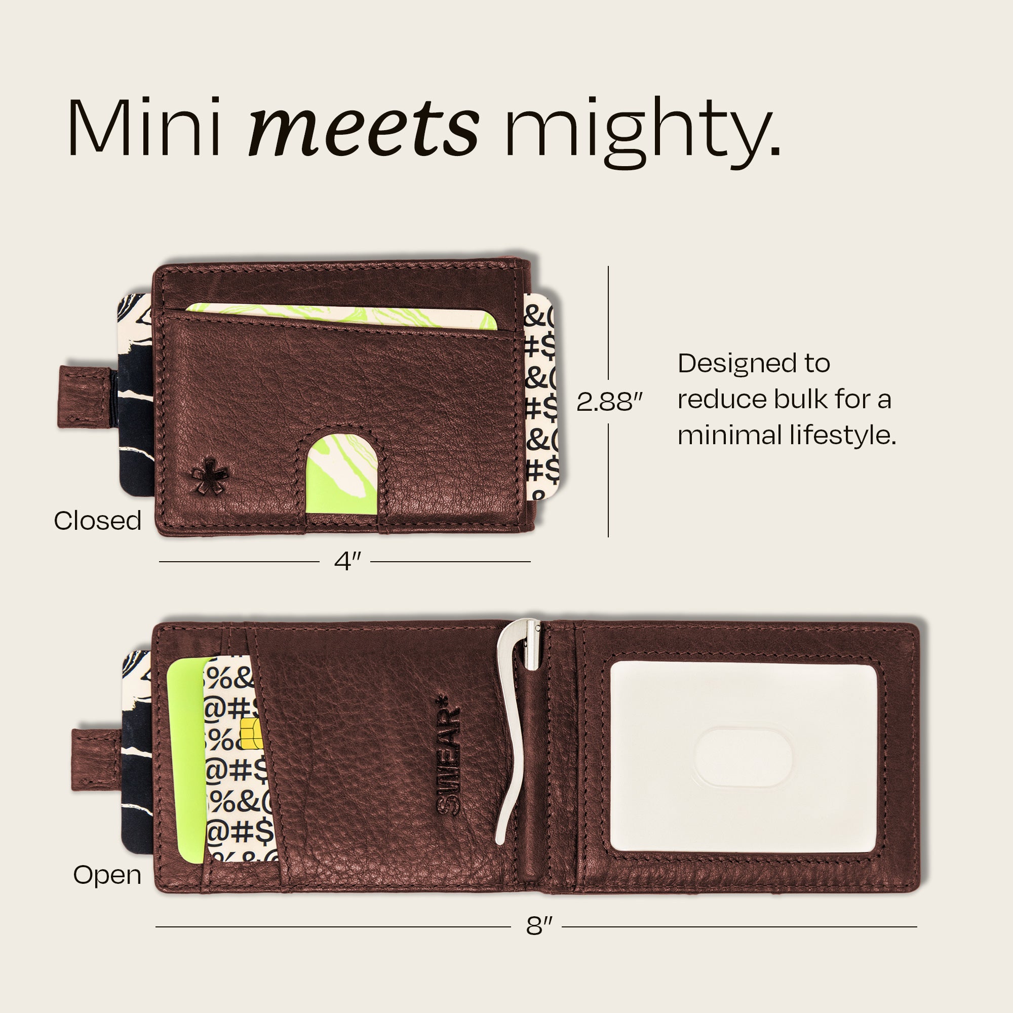 Image showing the dimensions of the Swear Brands Origin wallet. Wallet measures 4" x 2.88" closed and 8" when open.