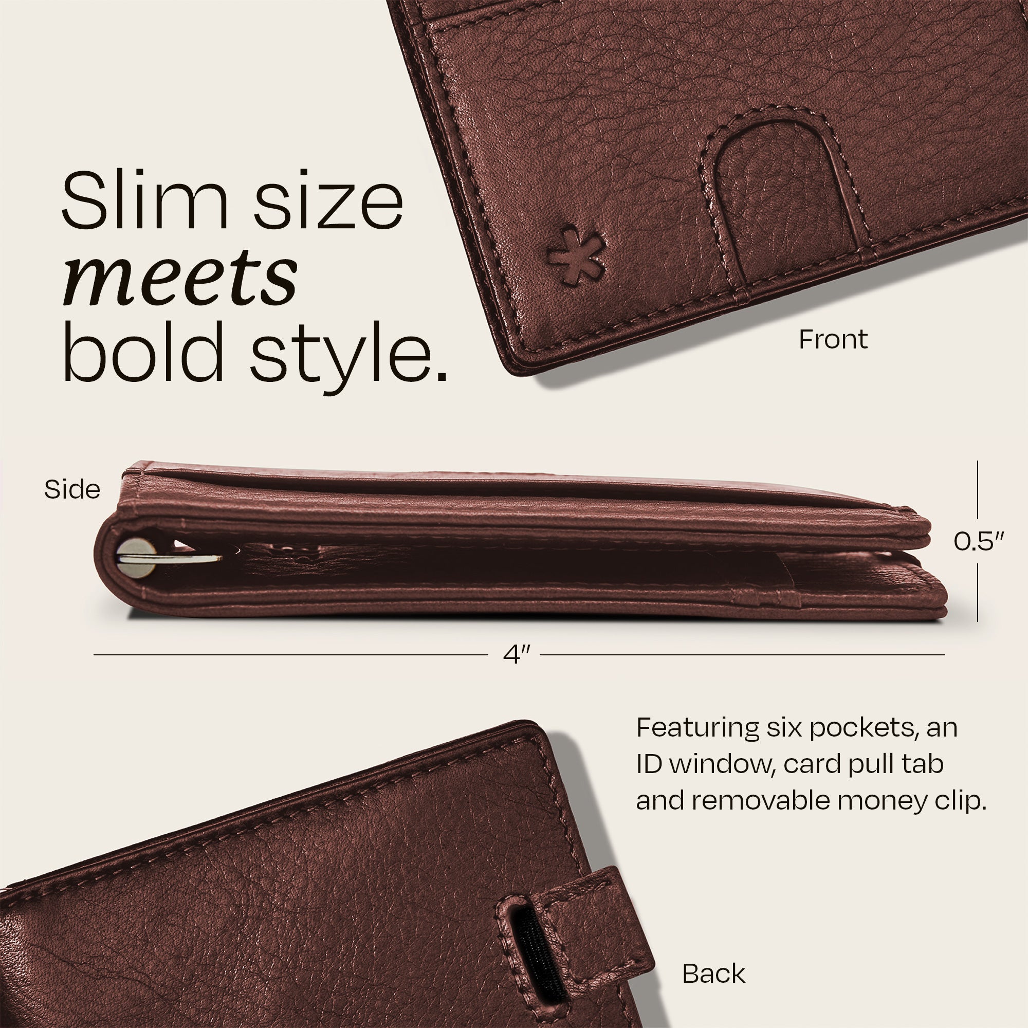 Image showing the side profile dimensions of the Swear Brands Origin wallet 4" x 0.5".