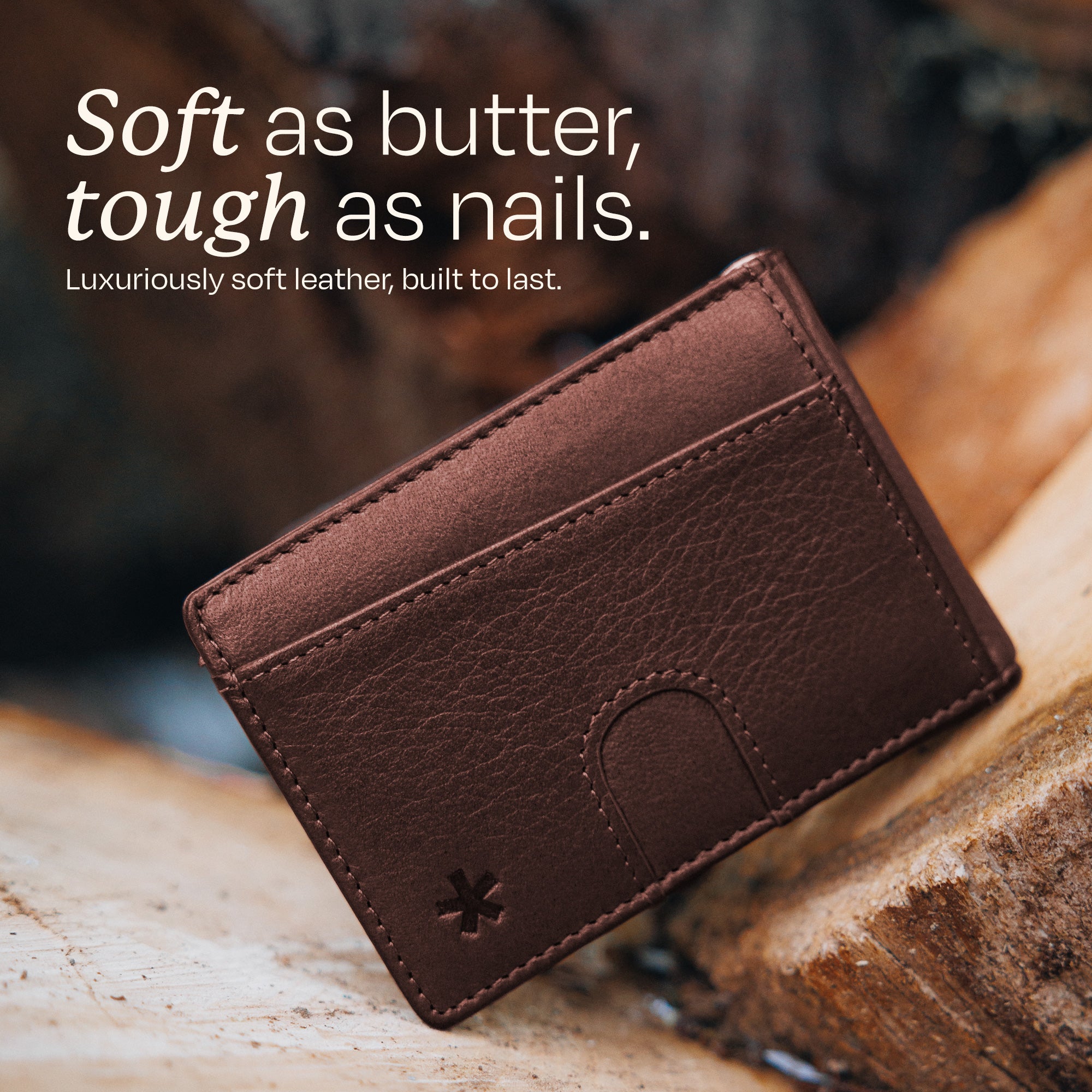 Image displaying the quality of the leather of the Swear Brands Origin wallet. Text reads: "Soft as butter, tough as nails."