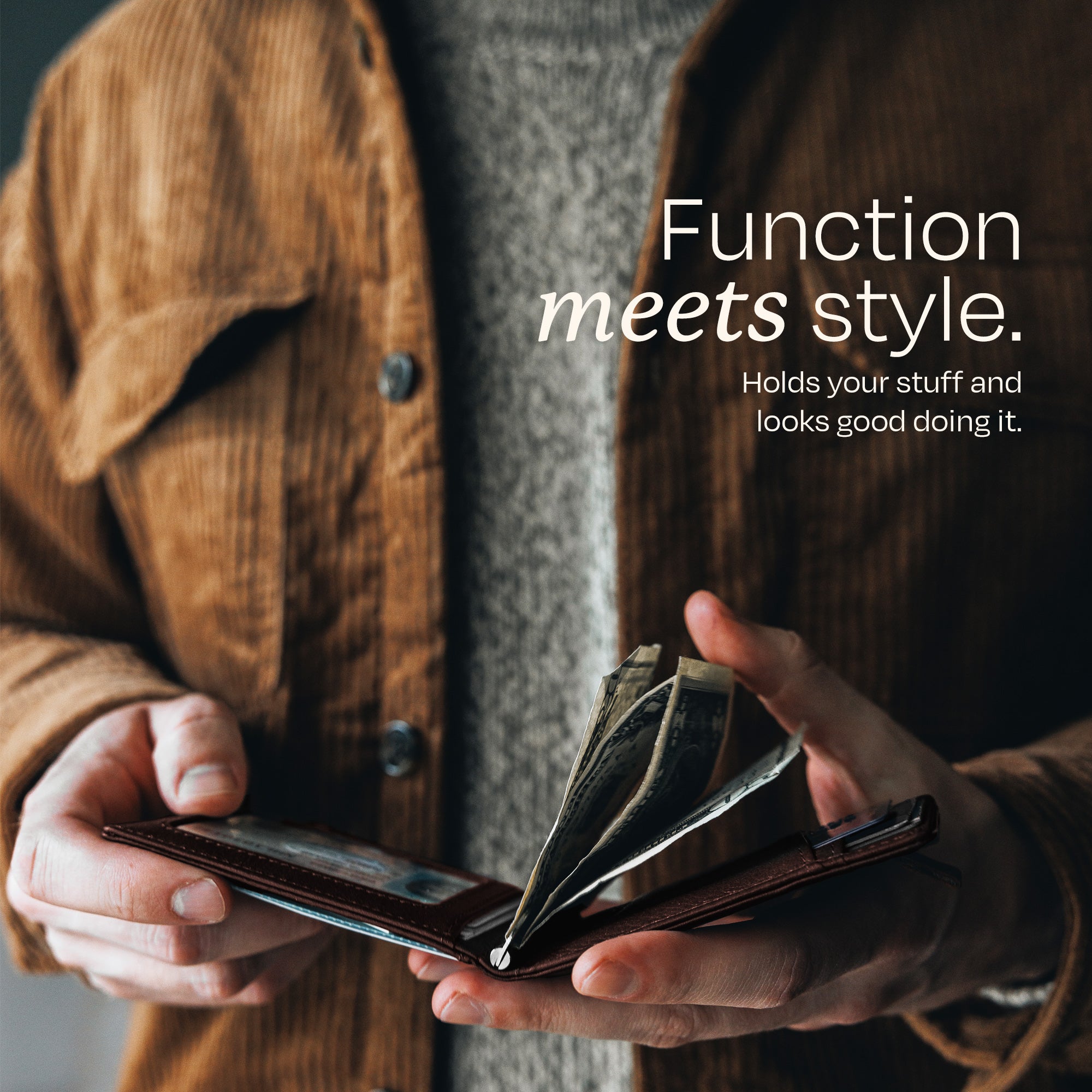 Man holding the Swear Brands Origin Wallet. Text reads: "Function meets style. Hods your stuff and looks good doing it."
