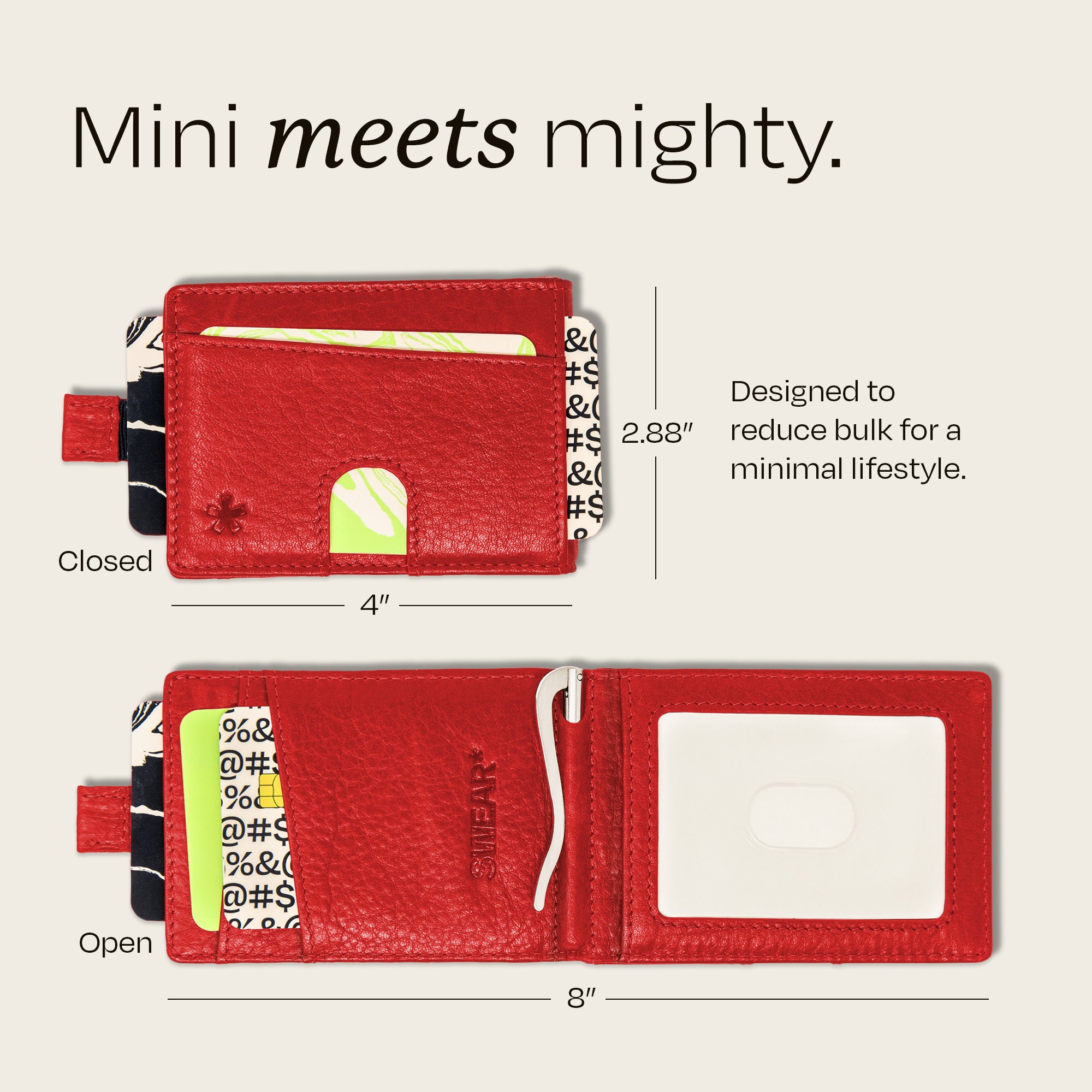 Image displaying the features of the Swear Brands Origin wallet: Interior Pockets, Money Clip, Pull Tab, RFID Protection, ID Window, Hidden Storage, Front Pocket