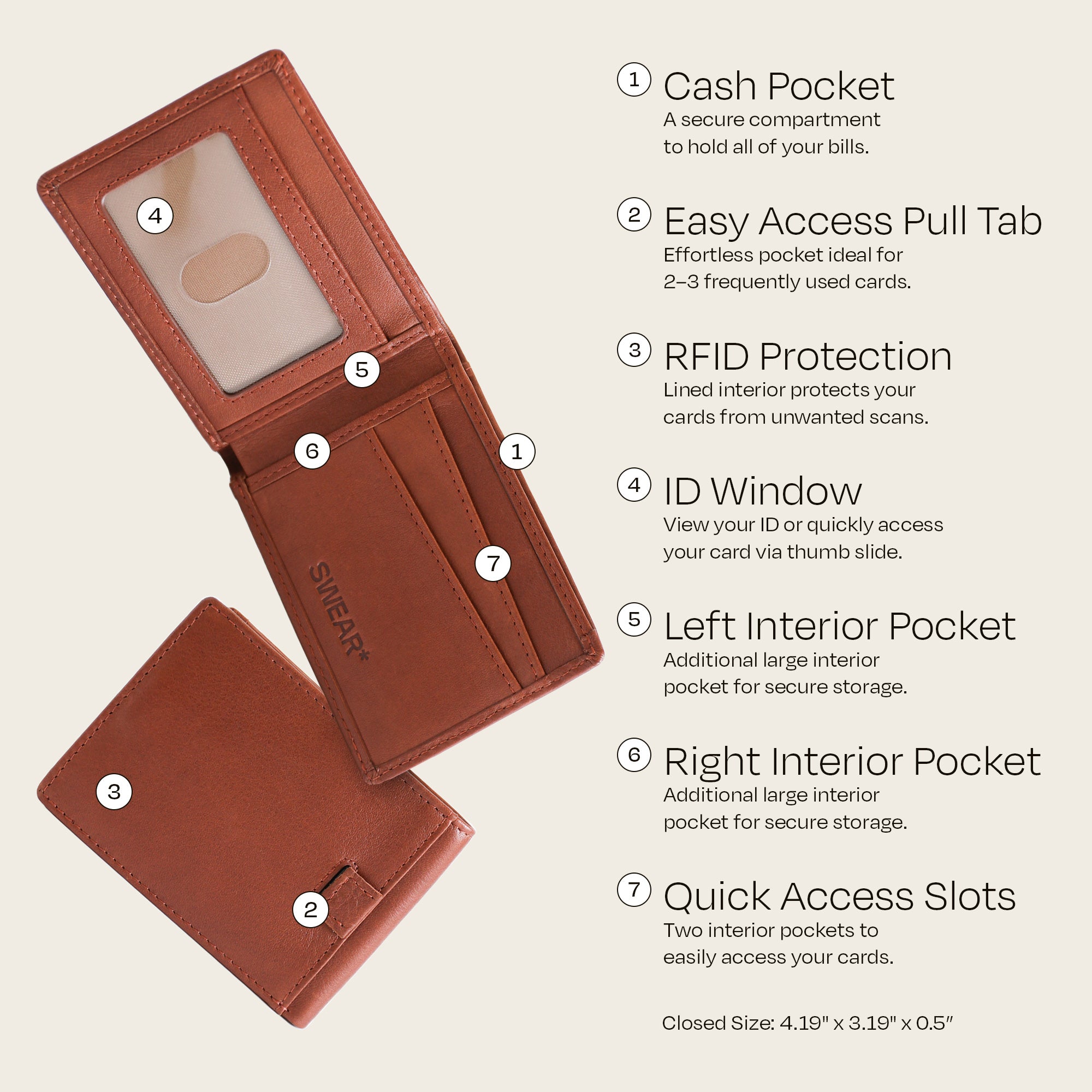 The Swear Brands Venture Wallet pictured in Acorn (light brown) with labeled features on a beige background.