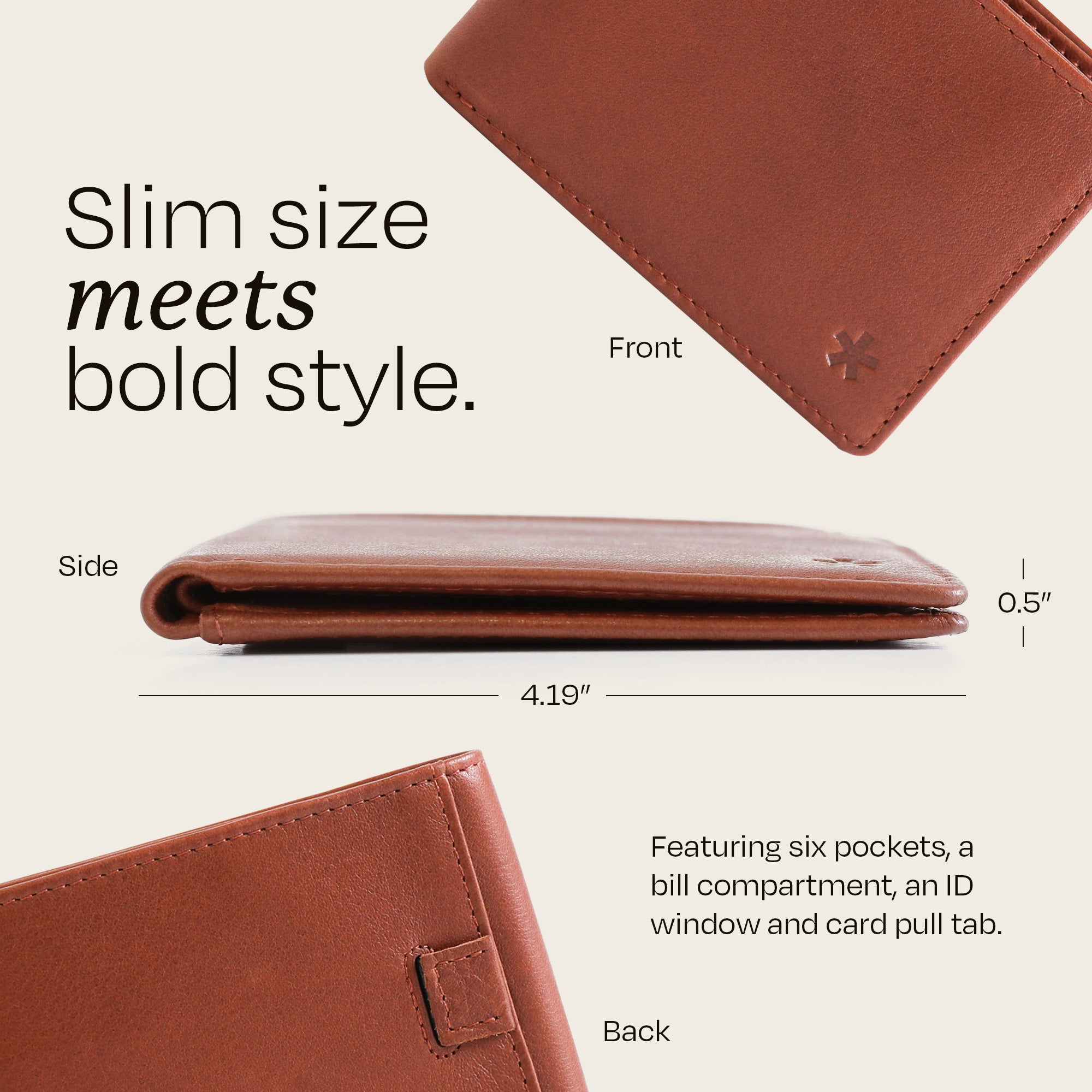 The Swear Brands Venture Wallet pictured in Acorn (light brown) with dimensions (4.19 inches x 0.5 inches) and features on a light background.