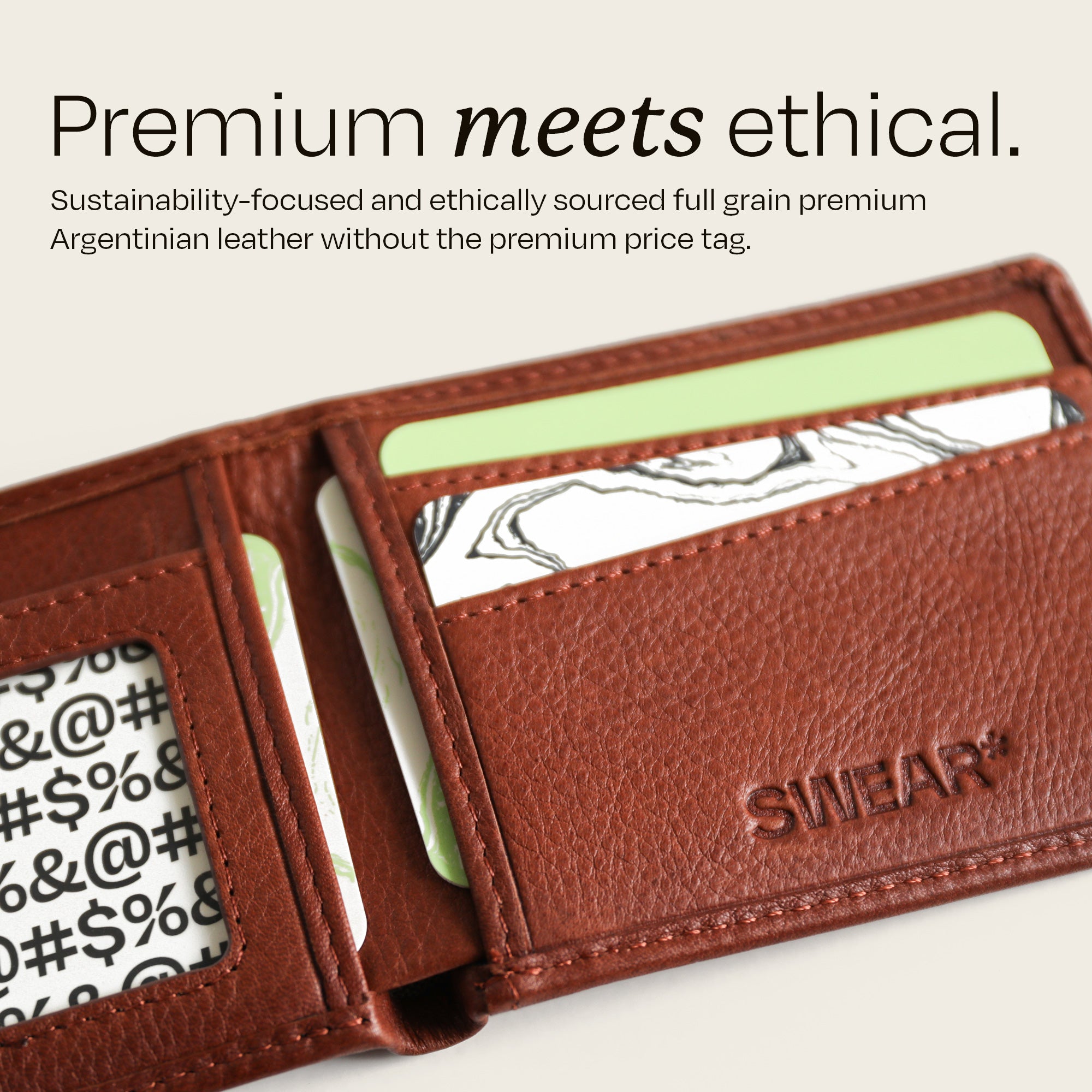 The Swear Brands Venture Wallet pictured in Acorn (light brown). Text reads: "Premium meets ethical. Sustainably-focused and ethically sourced full grain premium Argentinian leather without the premium price tag."
