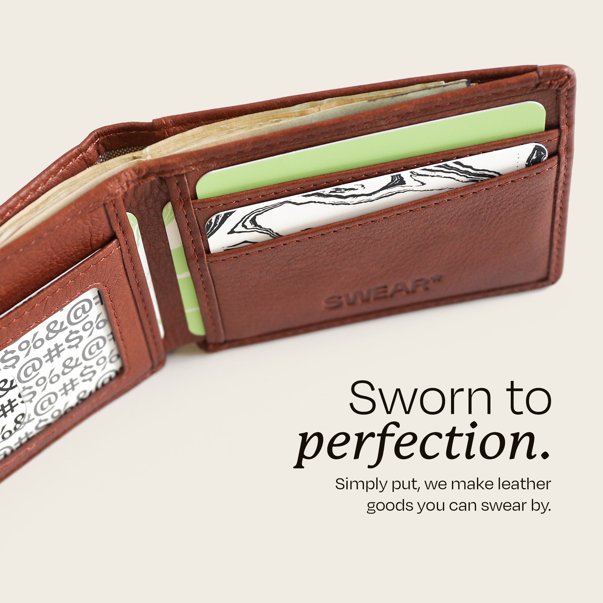 The Swear Brands Venture Wallet pictured in Acorn (light brown). Text reads: "Sworn to perfection. Simply put, we make leather goods you can swear by."