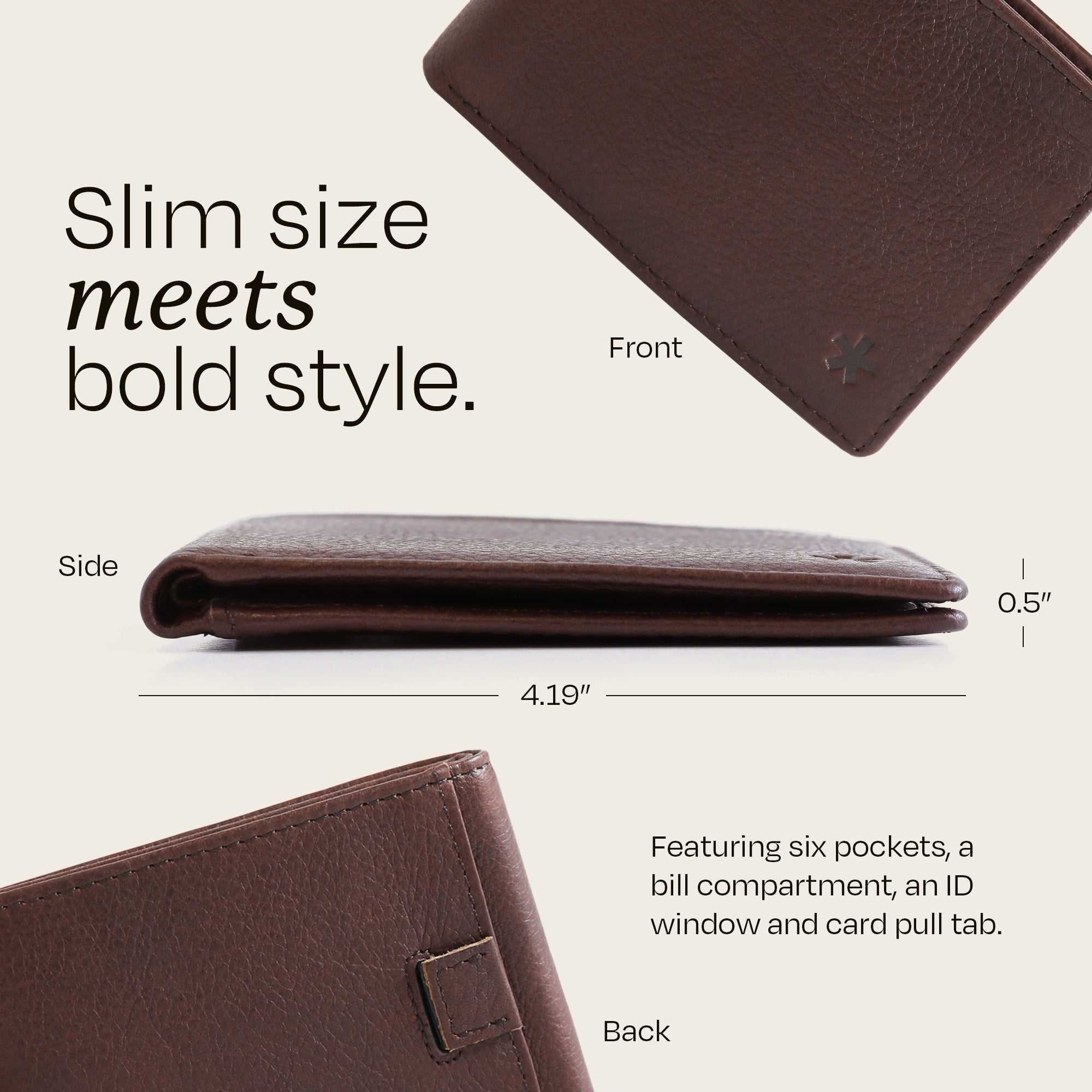 The Swear Brands Venture Wallet pictured in Walnut (brown) with dimensions (4.19 inches x 0.5 inches) and features on a light background.