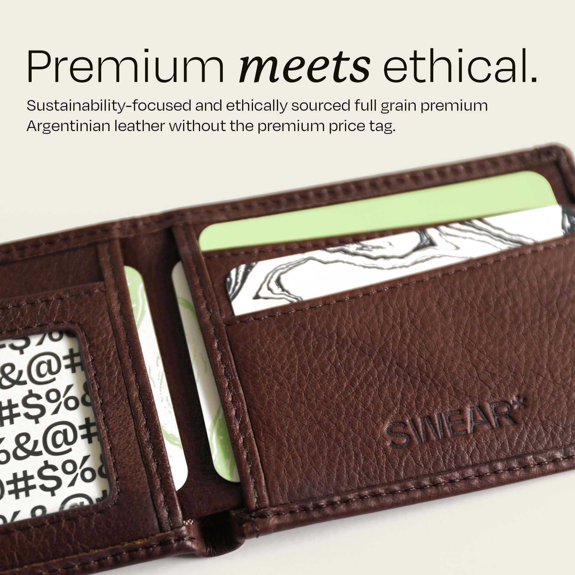 The Swear Brands Venture Wallet pictured in Walnut (brown). Text reads: "Premium meets ethical. Sustainably-focused and ethically sourced full grain premium Argentinian leather without the premium price tag."