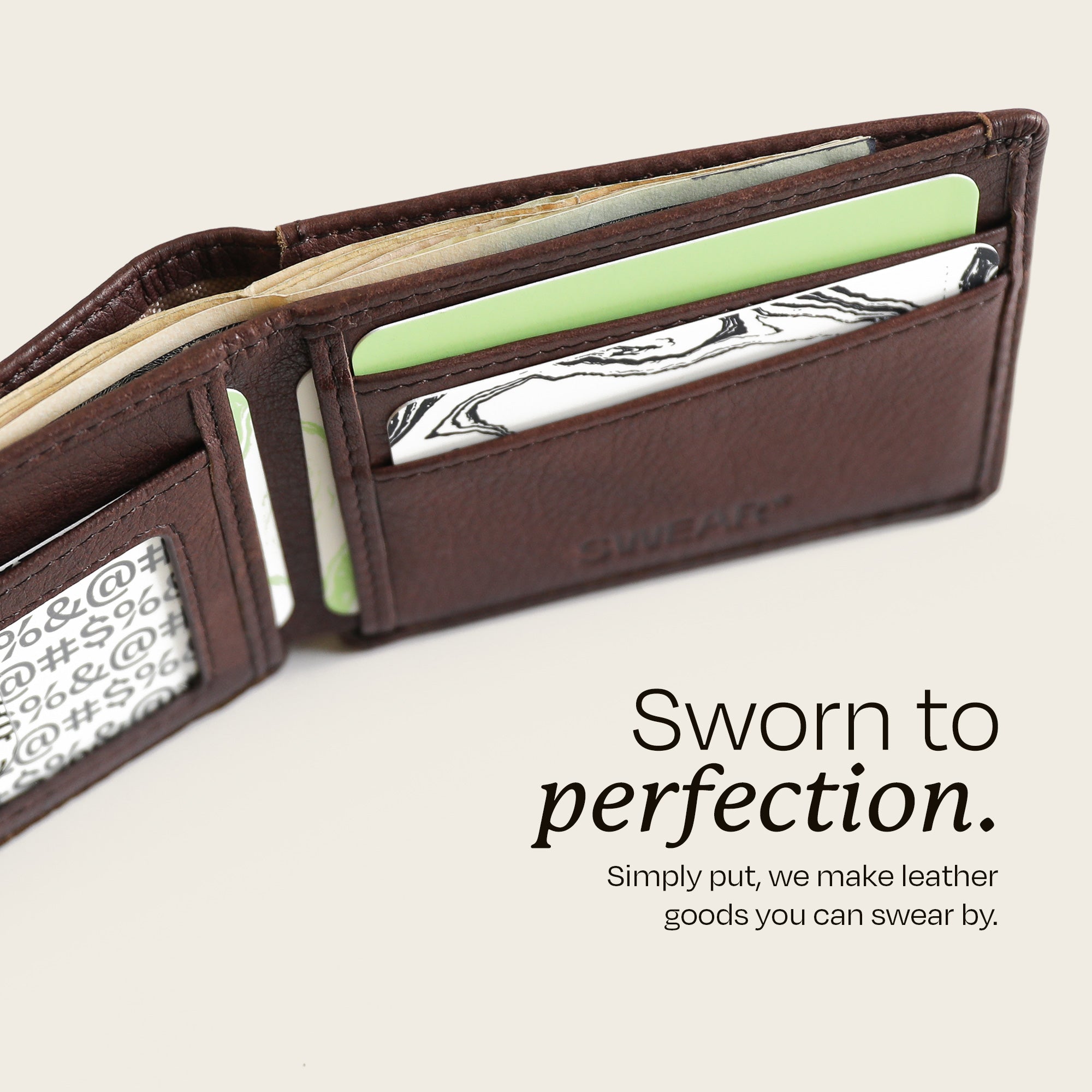 The Swear Brands Venture Wallet pictured in Walnut (lbrown). Text reads: "Sworn to perfection. Simply put, we make leather goods you can swear by."
