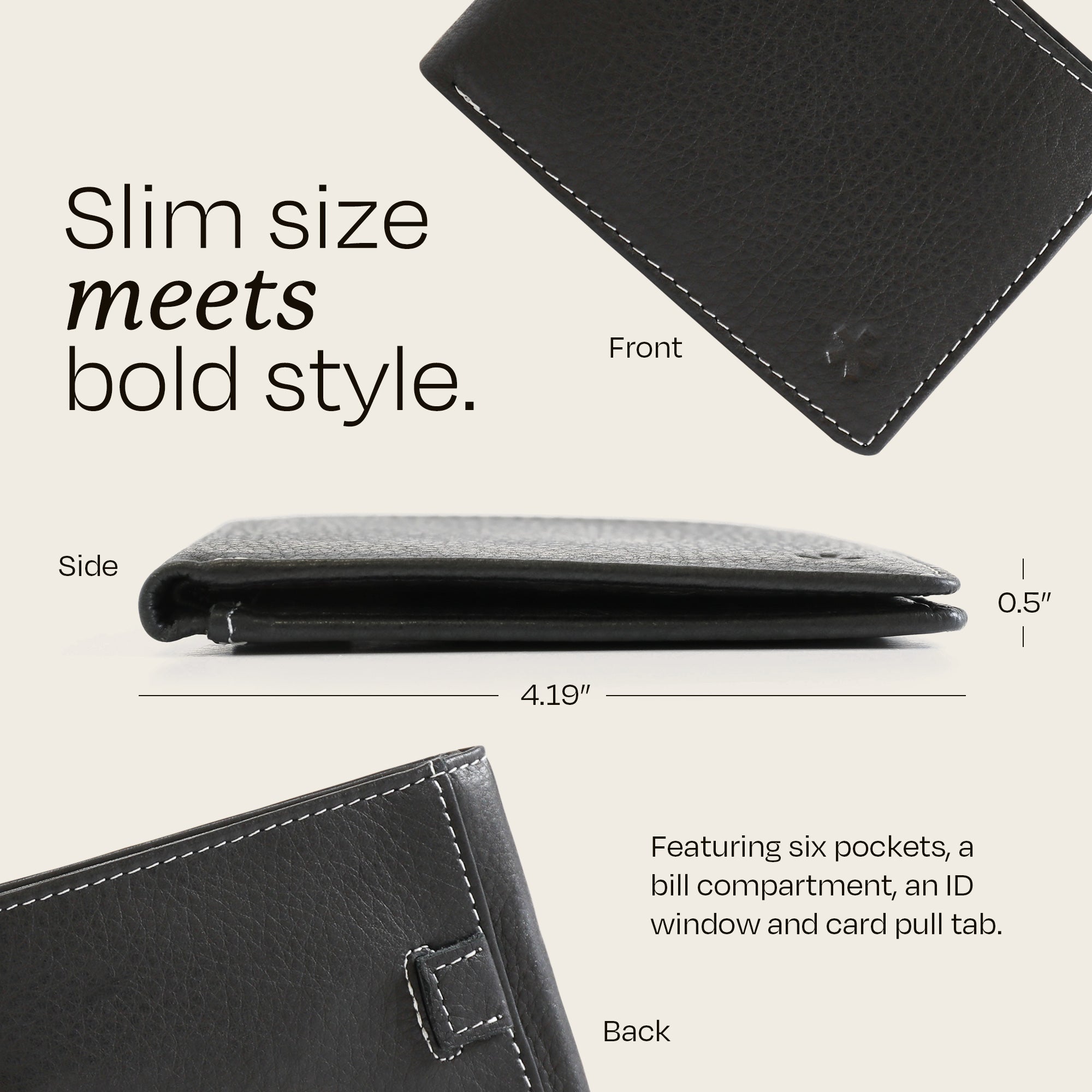 The Swear Brands Venture Wallet pictured in Onyx (black) with dimensions (4.19 inches x 0.5 inches) and features on a light background.