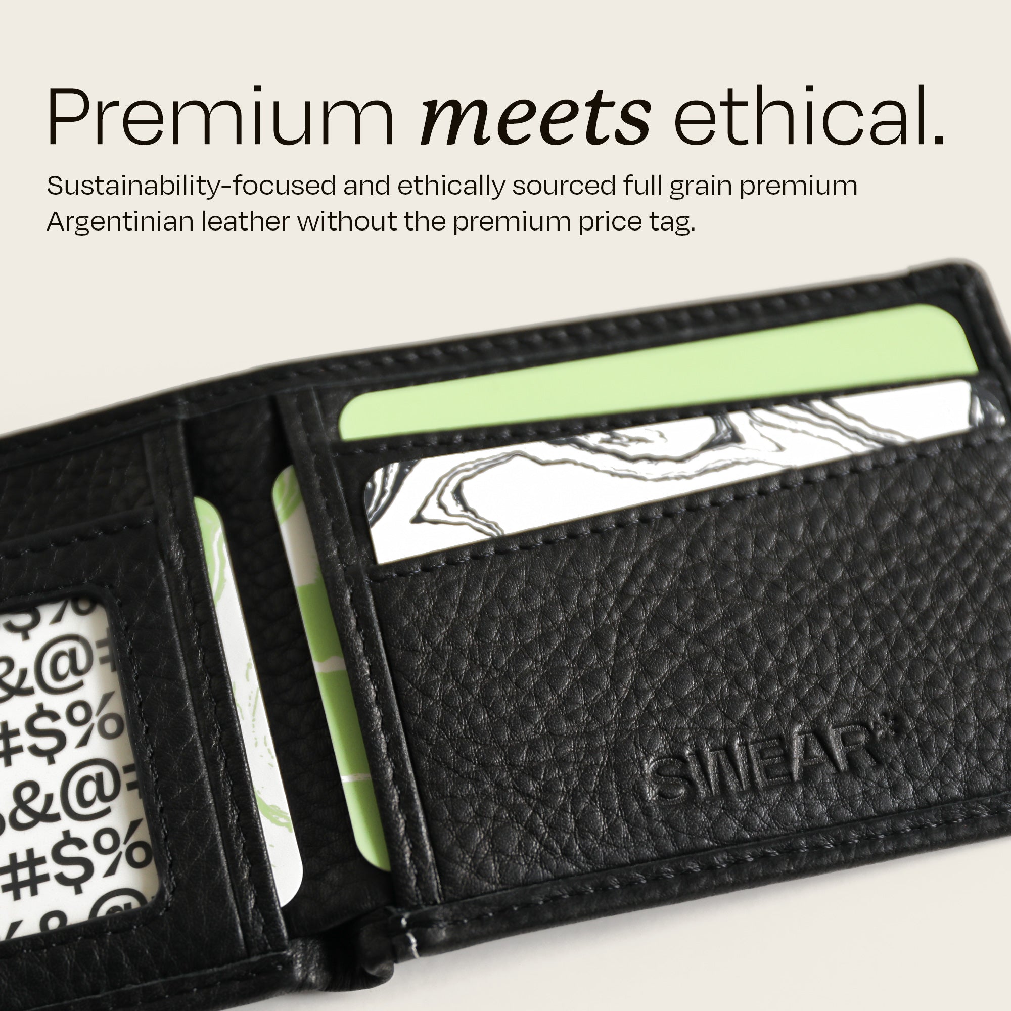 The Swear Brands Venture Wallet pictured in Onyx (black). Text reads: "Premium meets ethical. Sustainably-focused and ethically sourced full grain premium Argentinian leather without the premium price tag."