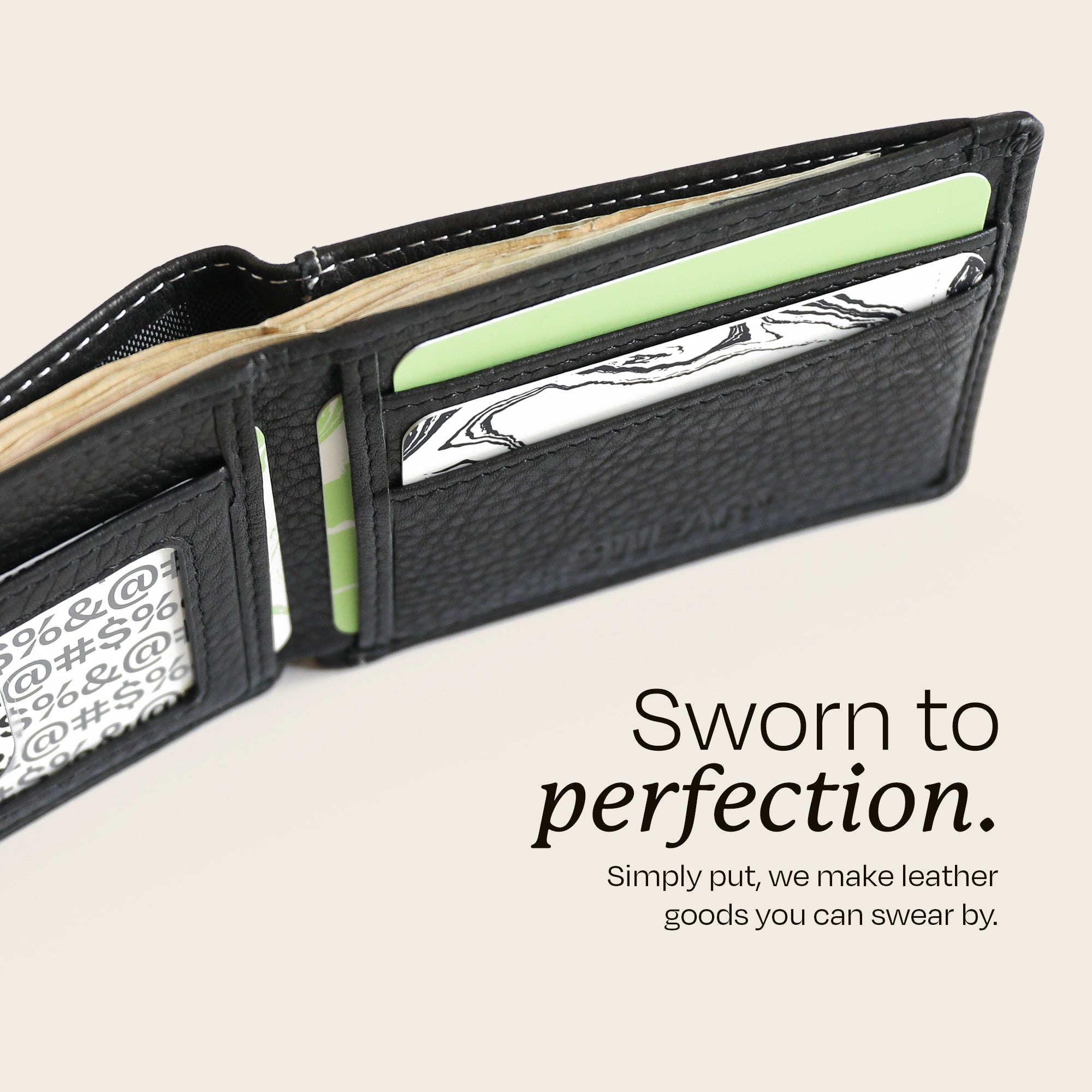 The Swear Brands Venture Wallet pictured in Onyx (black). Text reads: "Sworn to perfection. Simply put, we make leather goods you can swear by."