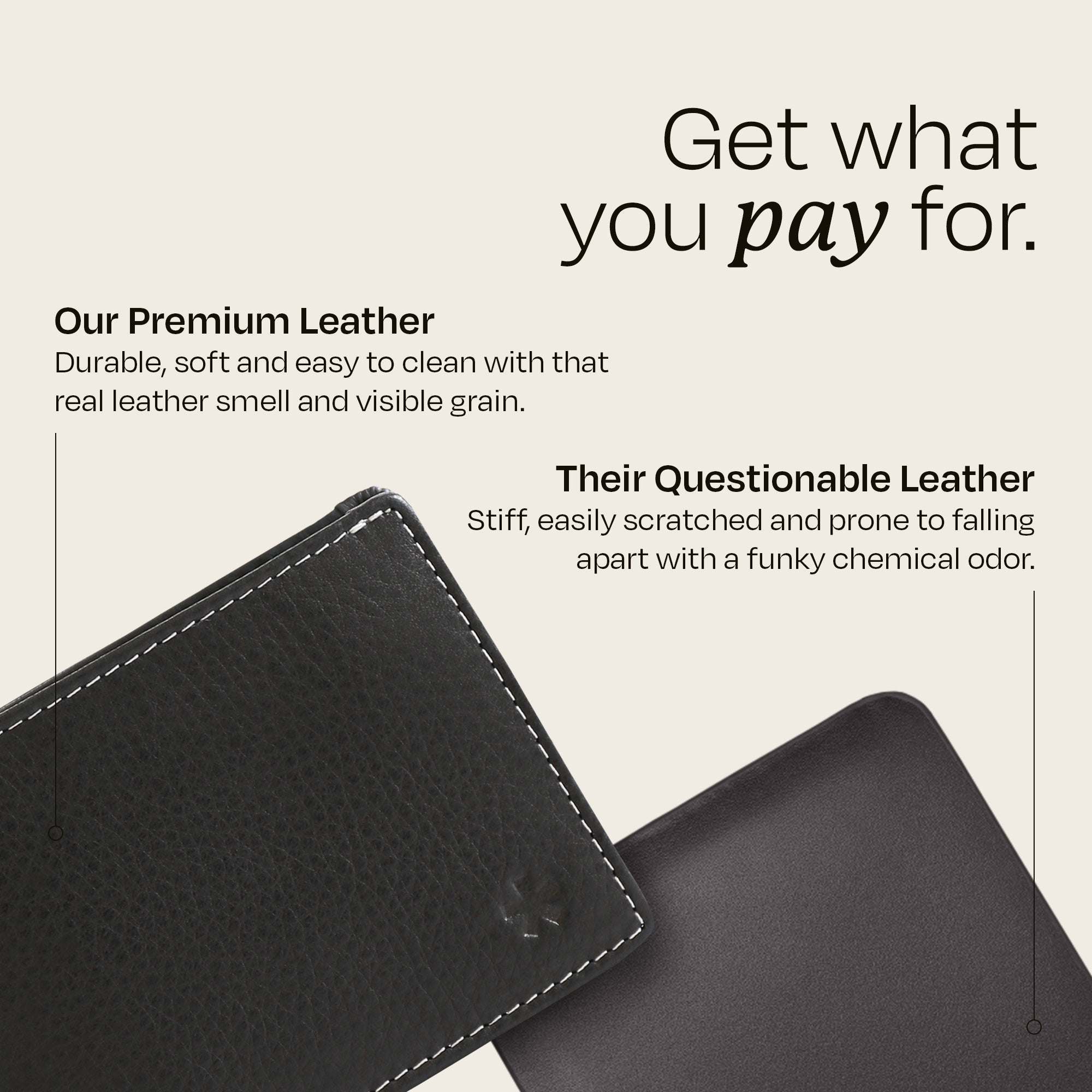 The Swear Brands Venture Wallet pictured in Onyx (black). Text reads: "Get what you pay for. Our Premium Leather - durable, soft and easy to clean with that real leather smell and visible grain. Their Questionable Leather - stiff, easily scratched and prone to falling apart with a funky chemical odor."